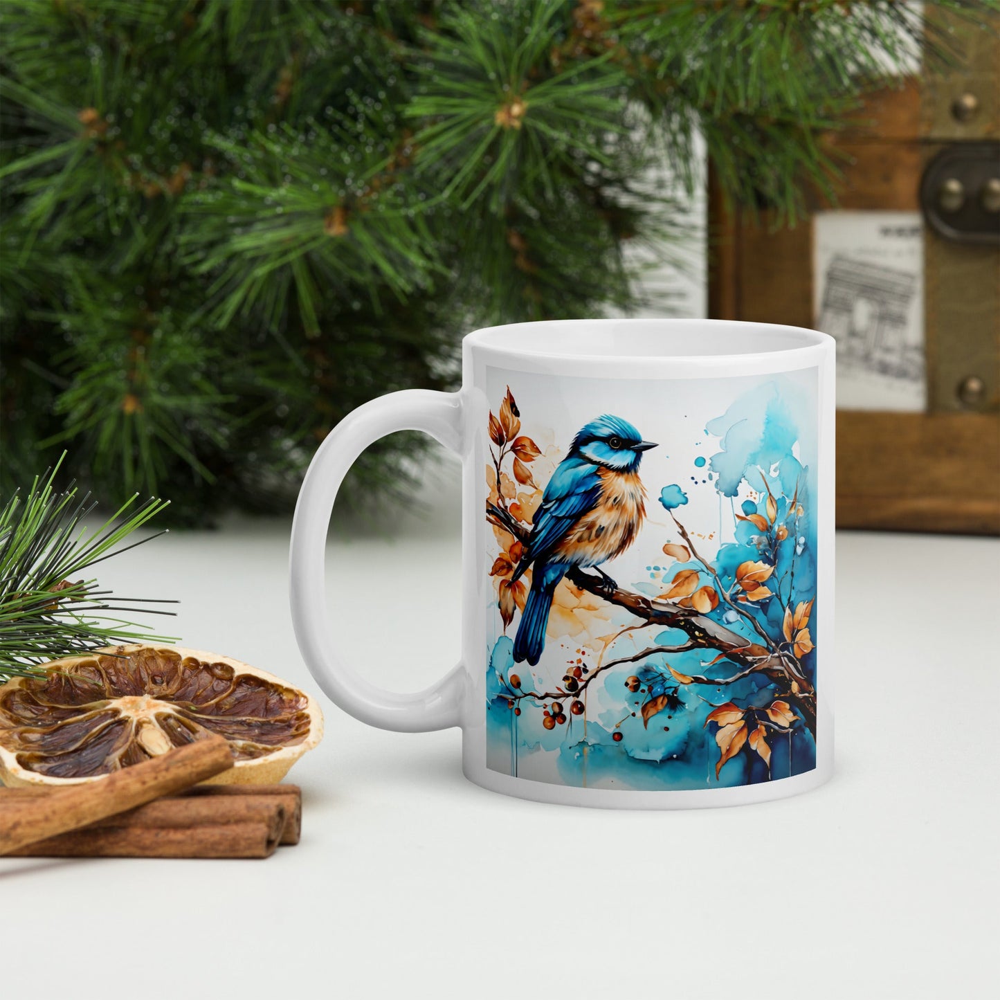 Blue and Tan Bird Perched White Glossy Mug (11 oz, 15 oz, 20 oz) - Mugs - Discovery Co.