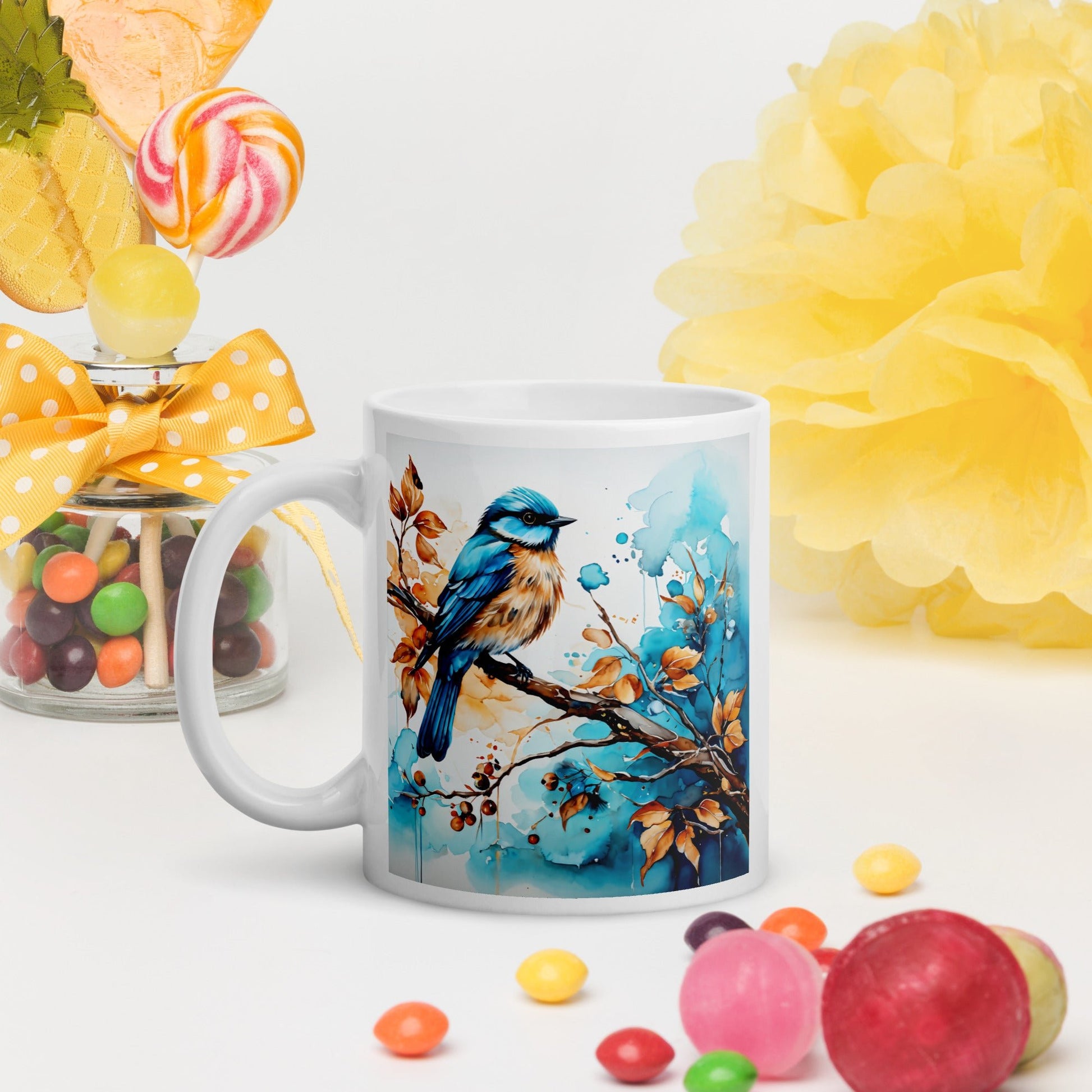 Blue and Tan Bird Perched White Glossy Mug (11 oz, 15 oz, 20 oz) - Mugs - Discovery Co.
