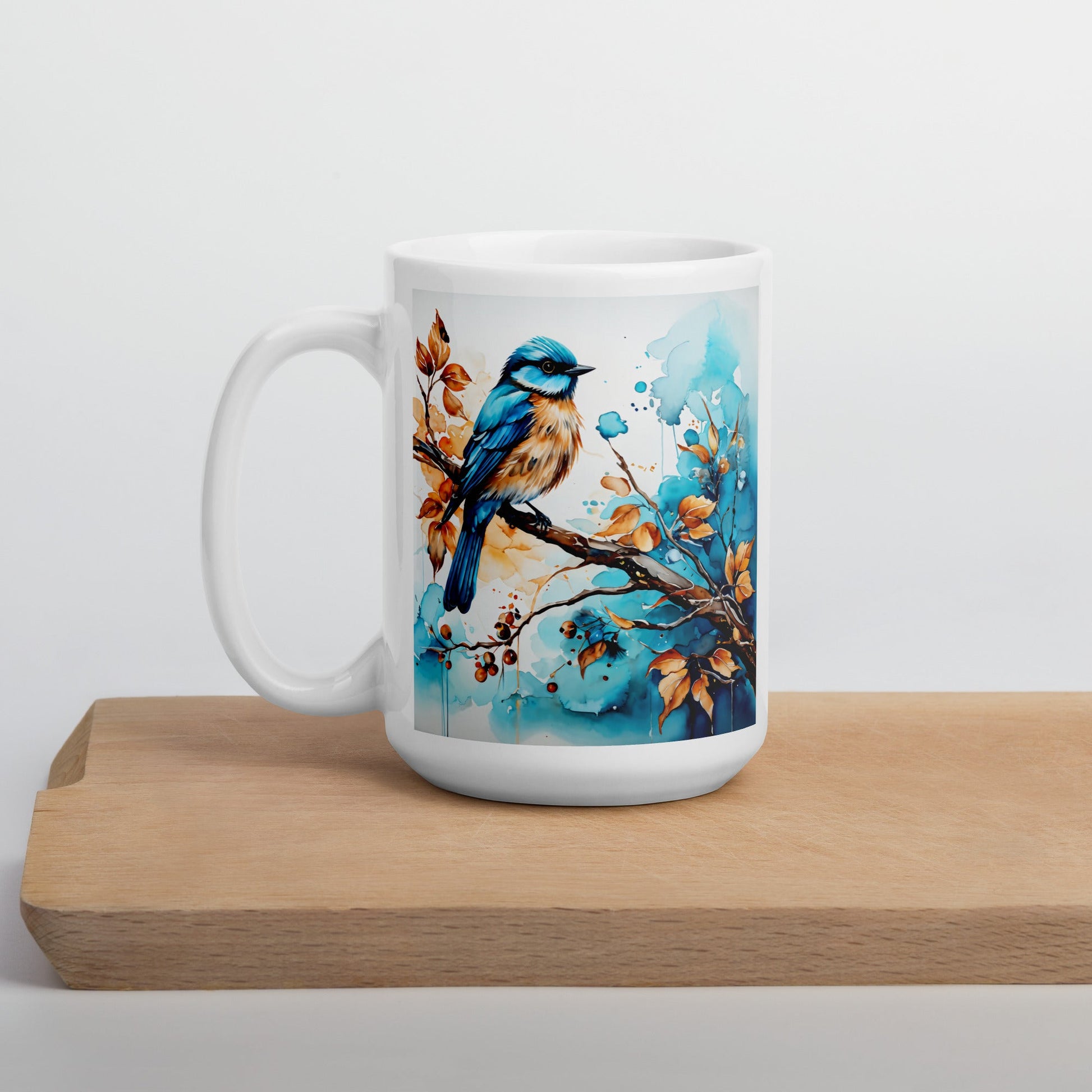 Blue and Tan Bird Perched White Glossy Mug (11 oz, 15 oz, 20 oz) - Mugs - Discovery Co.