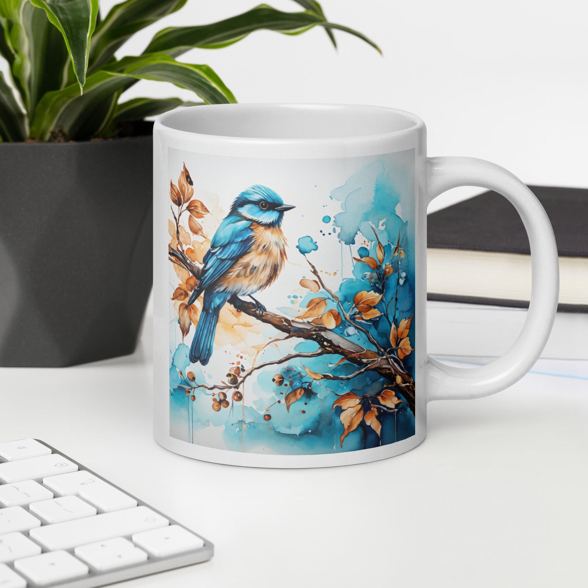 Blue and Tan Bird Perched White Glossy Mug (11 oz, 15 oz, 20 oz) - Mugs - Discovery Co.