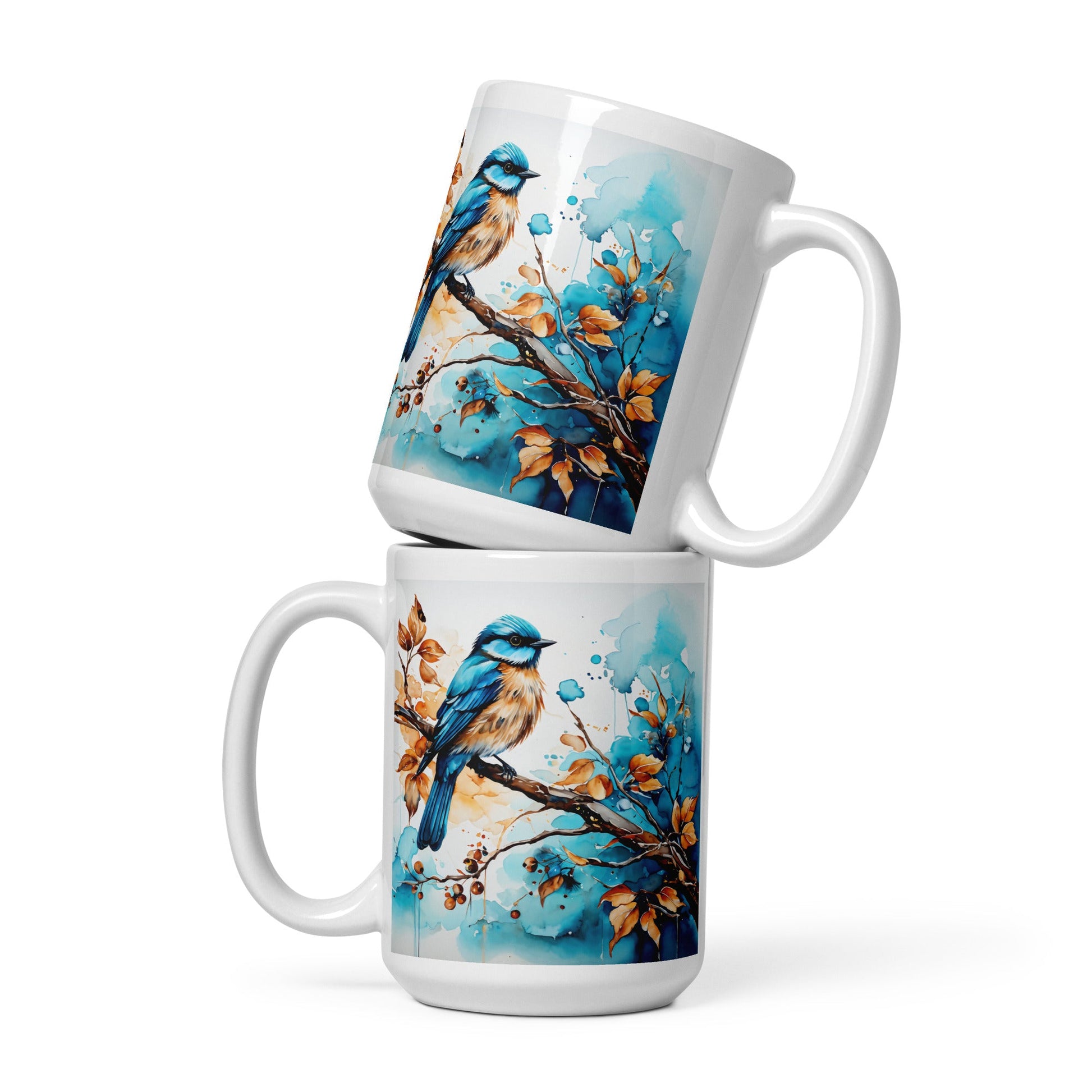 Blue and Tan Bird Perched White Glossy Mug (11 oz, 15 oz, 20 oz) - Mugs - Discovery Co.