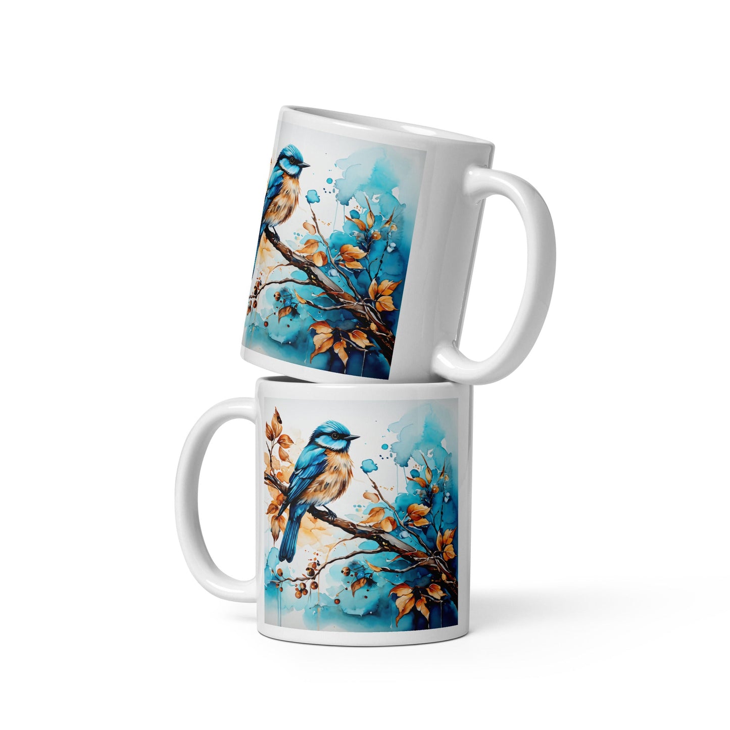 Blue and Tan Bird Perched White Glossy Mug (11 oz, 15 oz, 20 oz) - Mugs - Discovery Co.