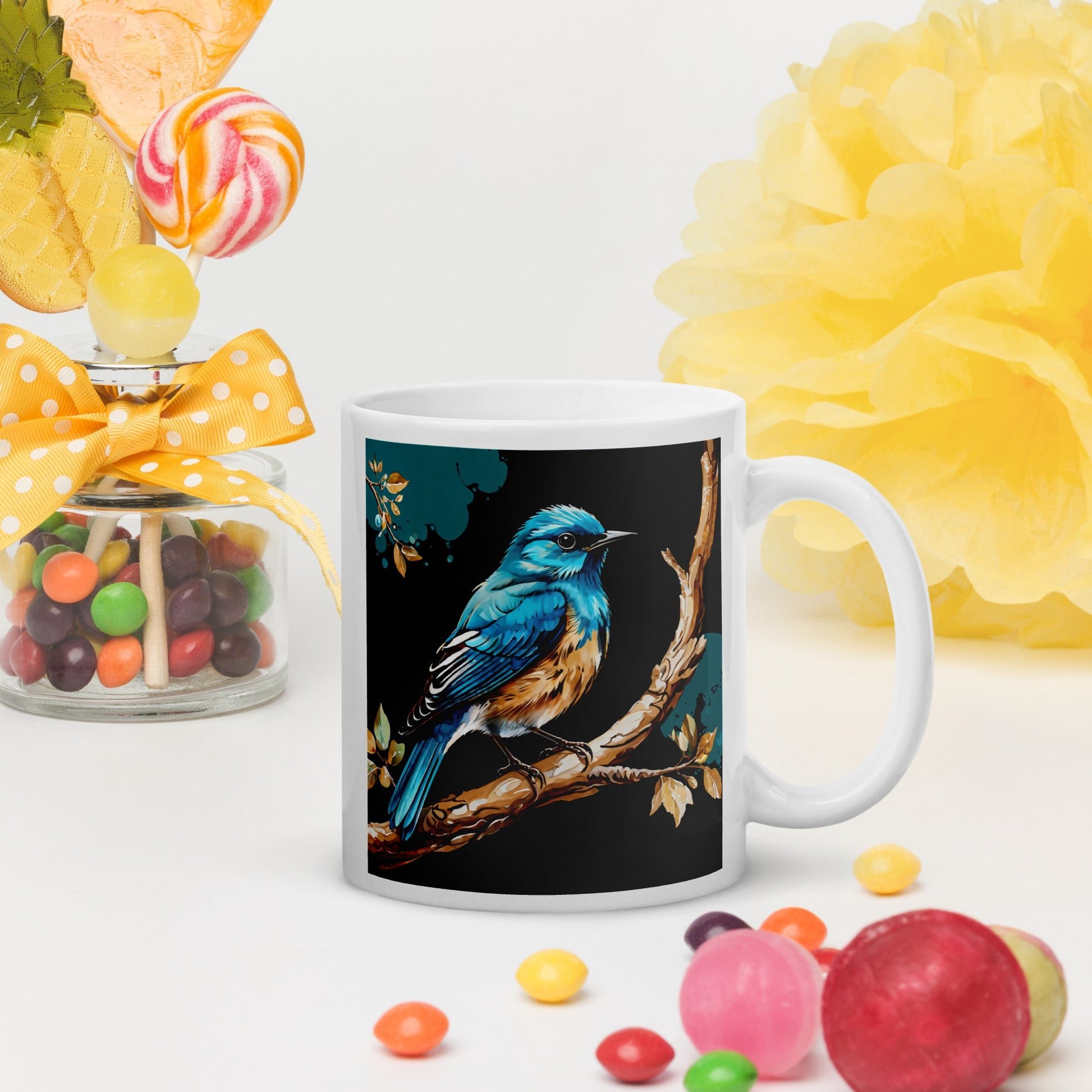 Blue and Tan Bird White Glossy Mug (11 oz, 15 oz, 20 oz) - Mugs - Discovery Co.