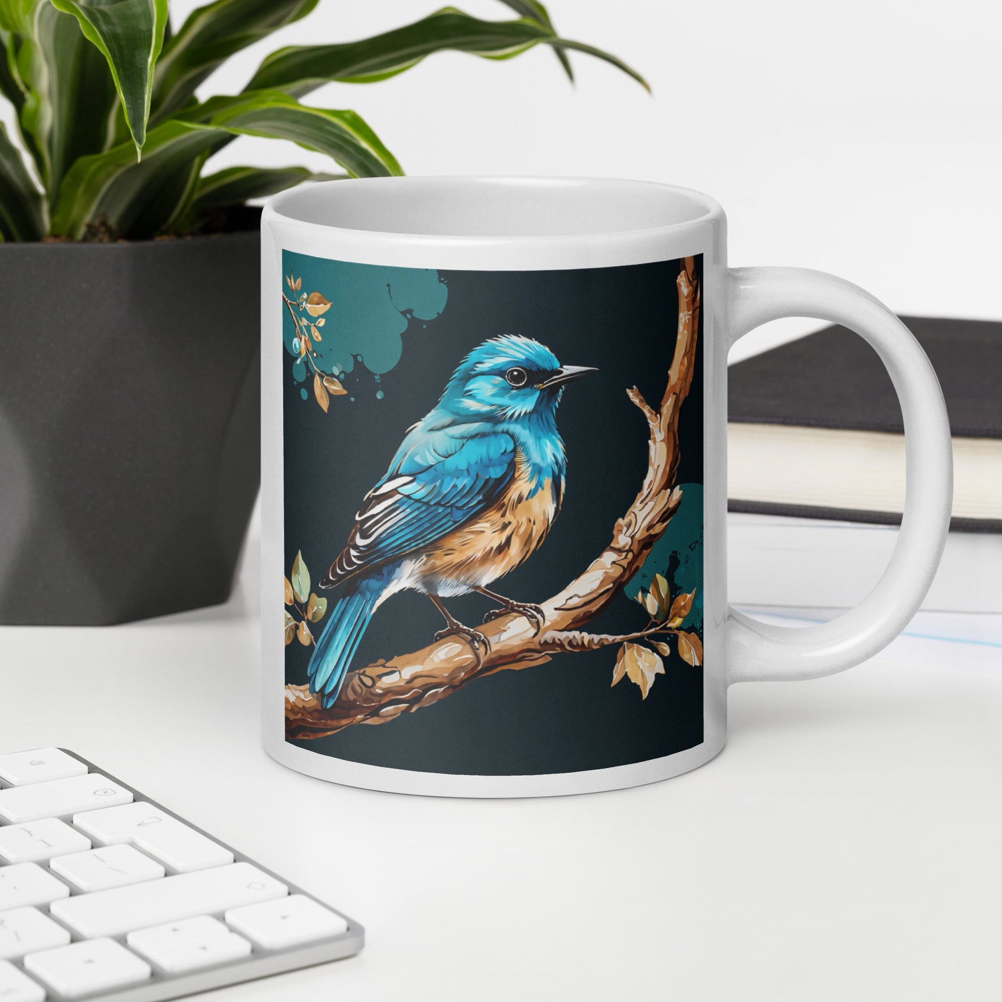 Blue and Tan Bird White Glossy Mug (11 oz, 15 oz, 20 oz) - Mugs - Discovery Co.