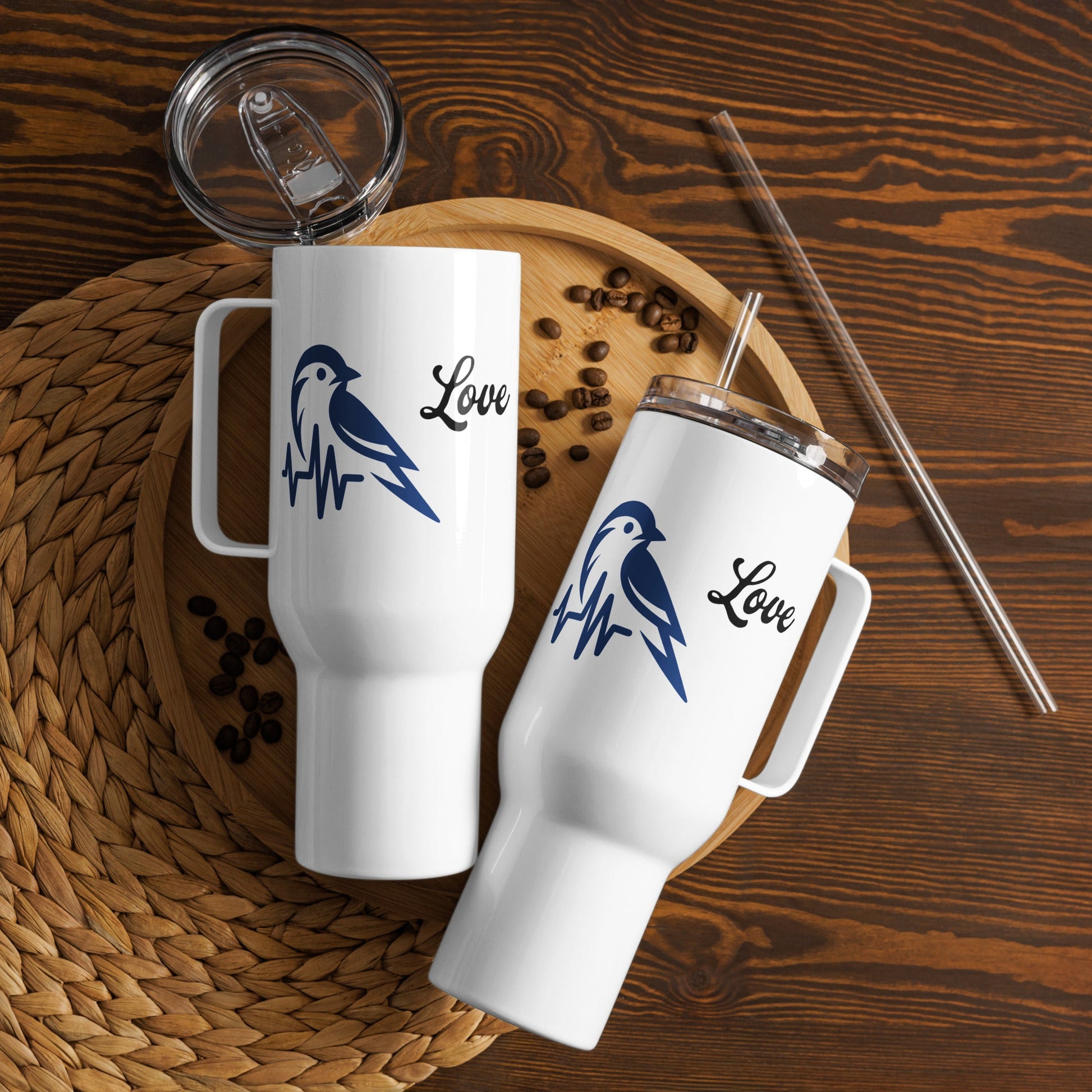 Blue Bird Heartbeat Travel Mug With Handle (25 oz and 40 oz) - Travel Mug - Discovery Co.