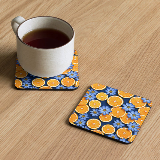 Blue Flowers and Oranges Cork - back Coaster - Coasters - Discovery Co.