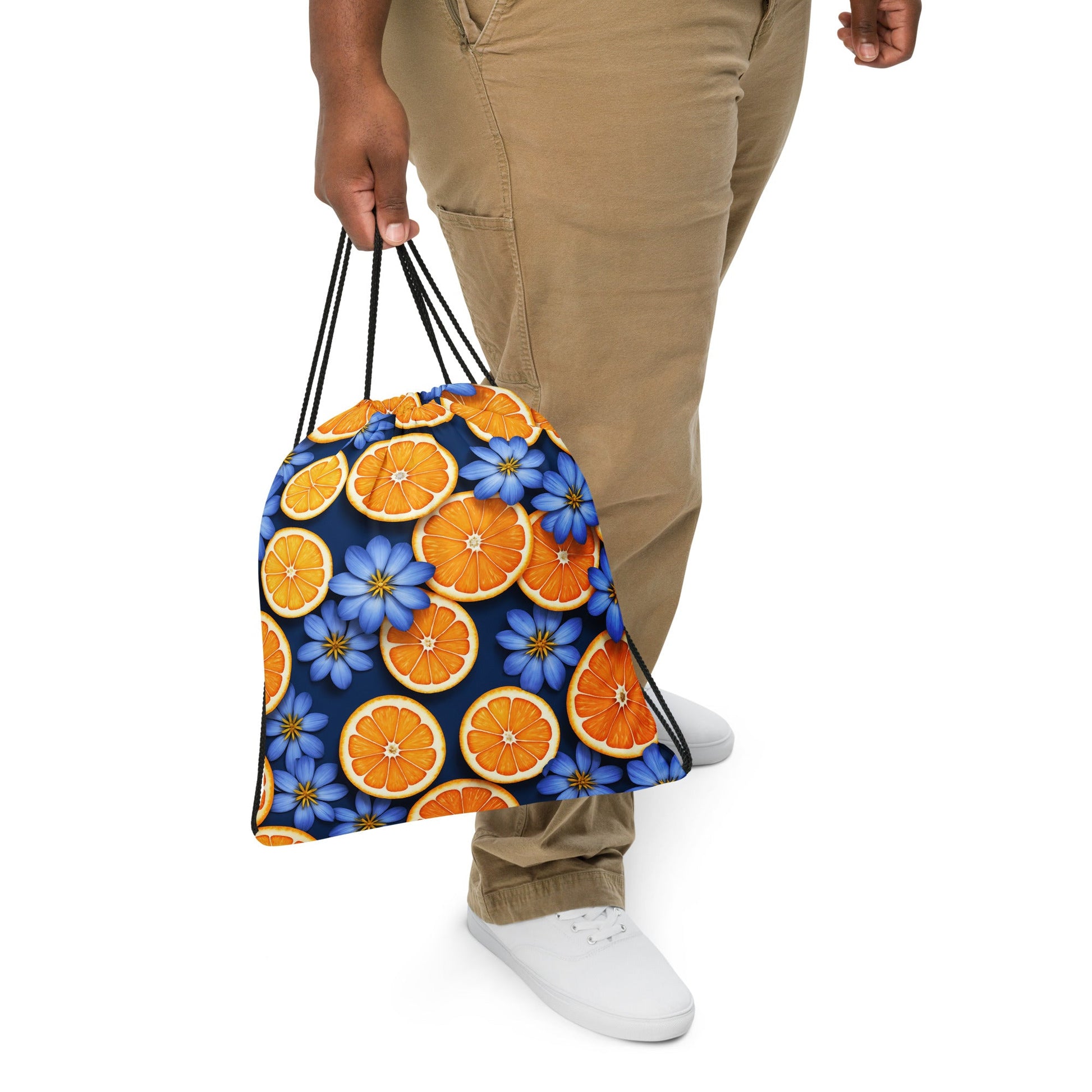 Blue Flowers And Oranges Drawstring Bag - Drawstring Bag - Discovery Co.