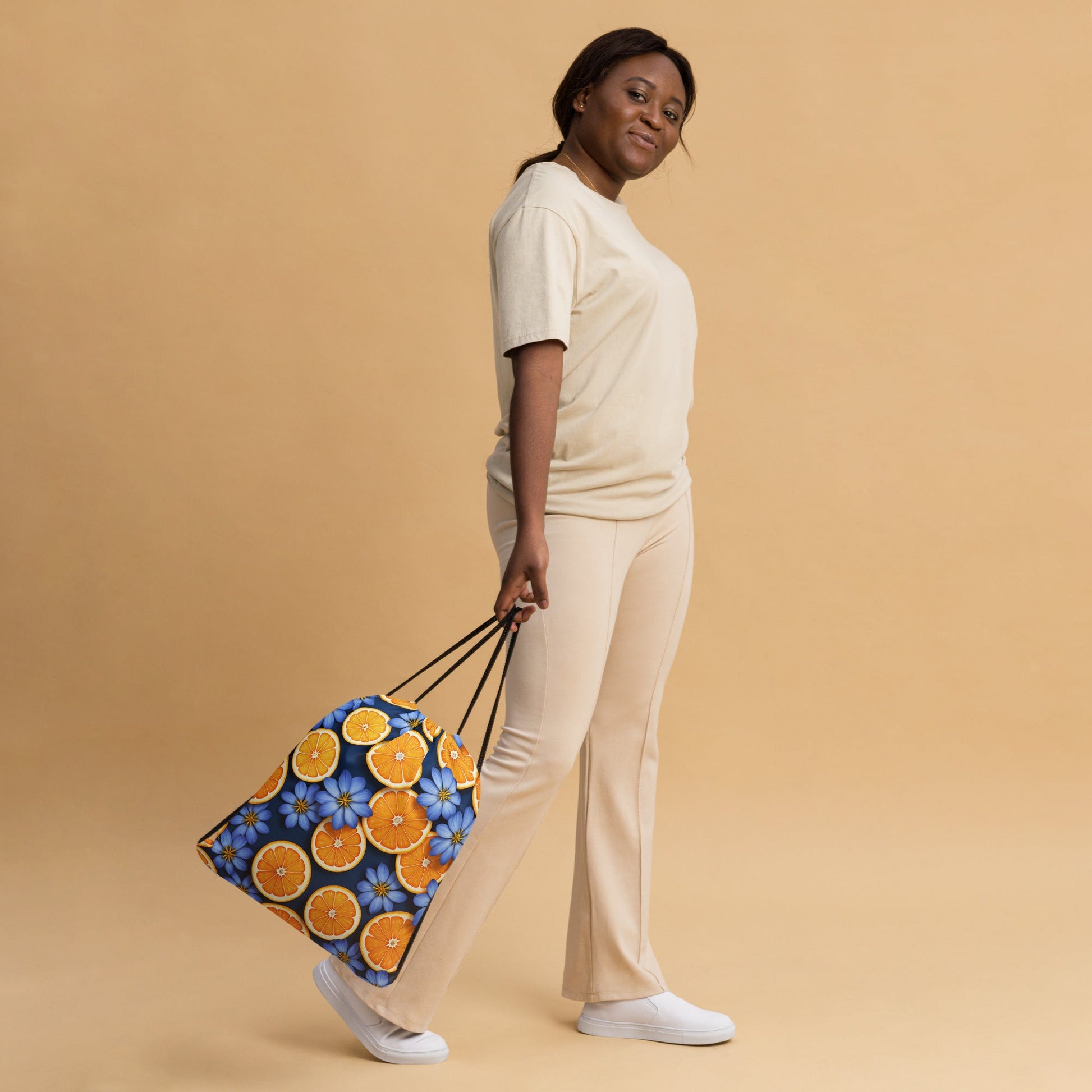 Blue Flowers And Oranges Drawstring Bag - Drawstring Bag - Discovery Co.
