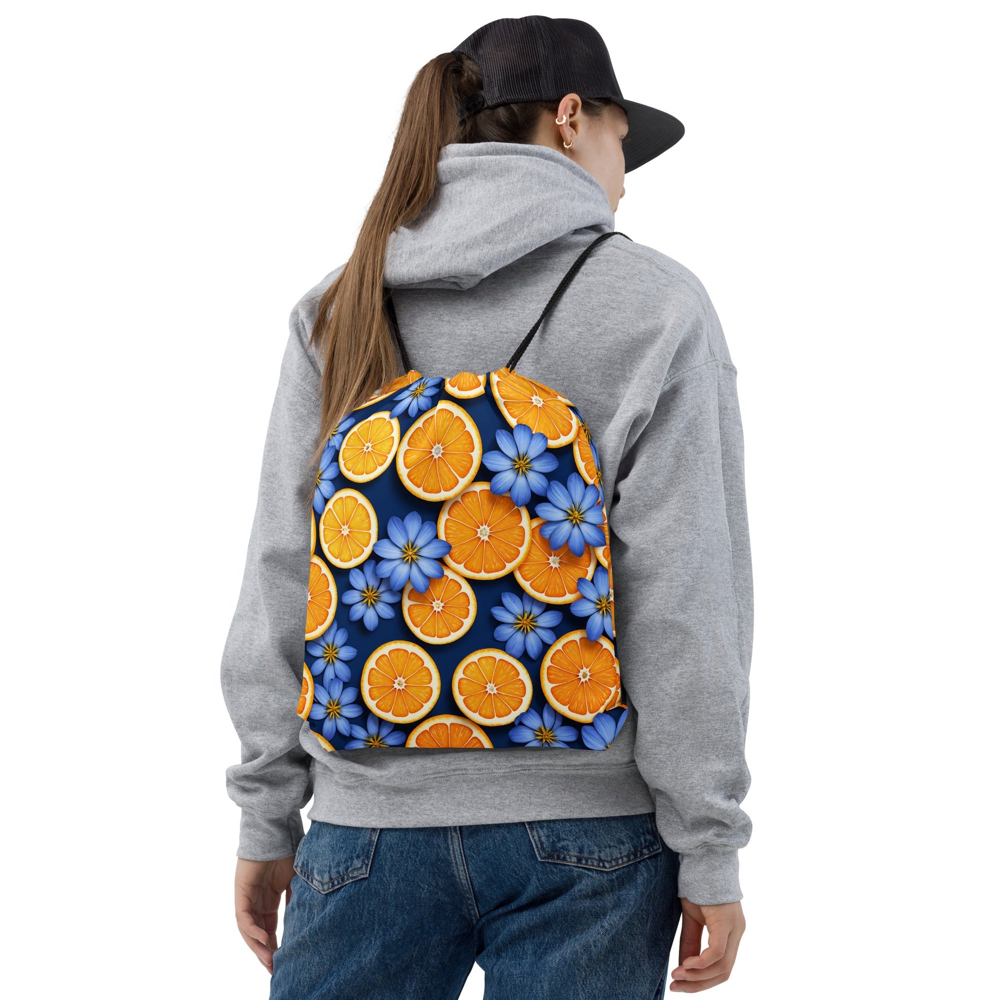 Blue Flowers And Oranges Drawstring Bag - Drawstring Bag - Discovery Co.