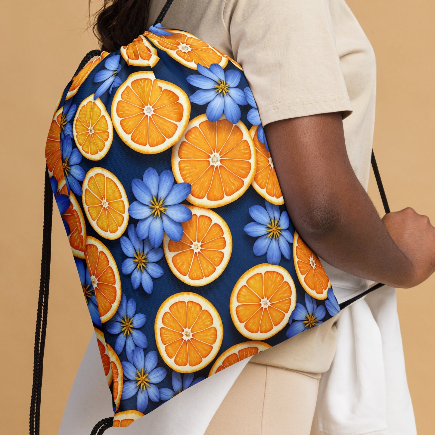Blue Flowers And Oranges Drawstring Bag - Drawstring Bag - Discovery Co.