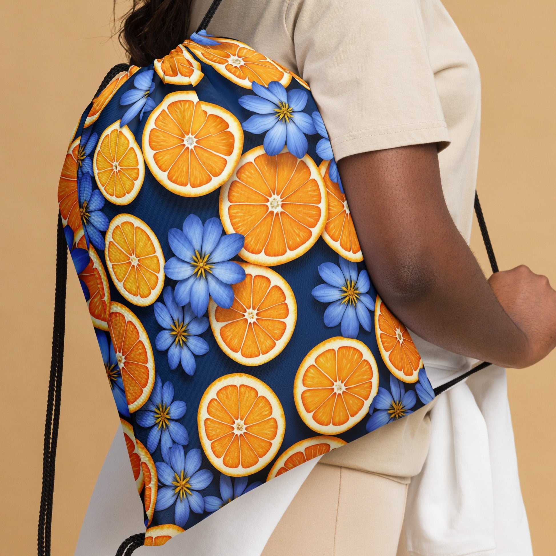 Blue Flowers And Oranges Drawstring Bag - Drawstring Bag - Discovery Co.