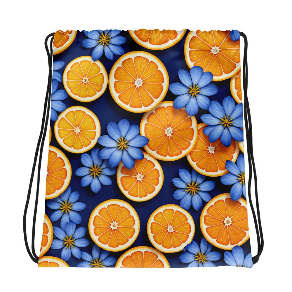 Blue Flowers And Oranges Drawstring Bag - Drawstring Bag - Discovery Co.