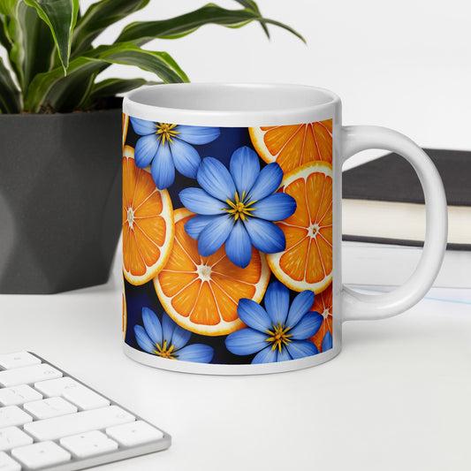 Blue Flowers and Oranges White Glossy Mug (11 oz, 15 oz, 20 oz) - Mugs - Discovery Co.