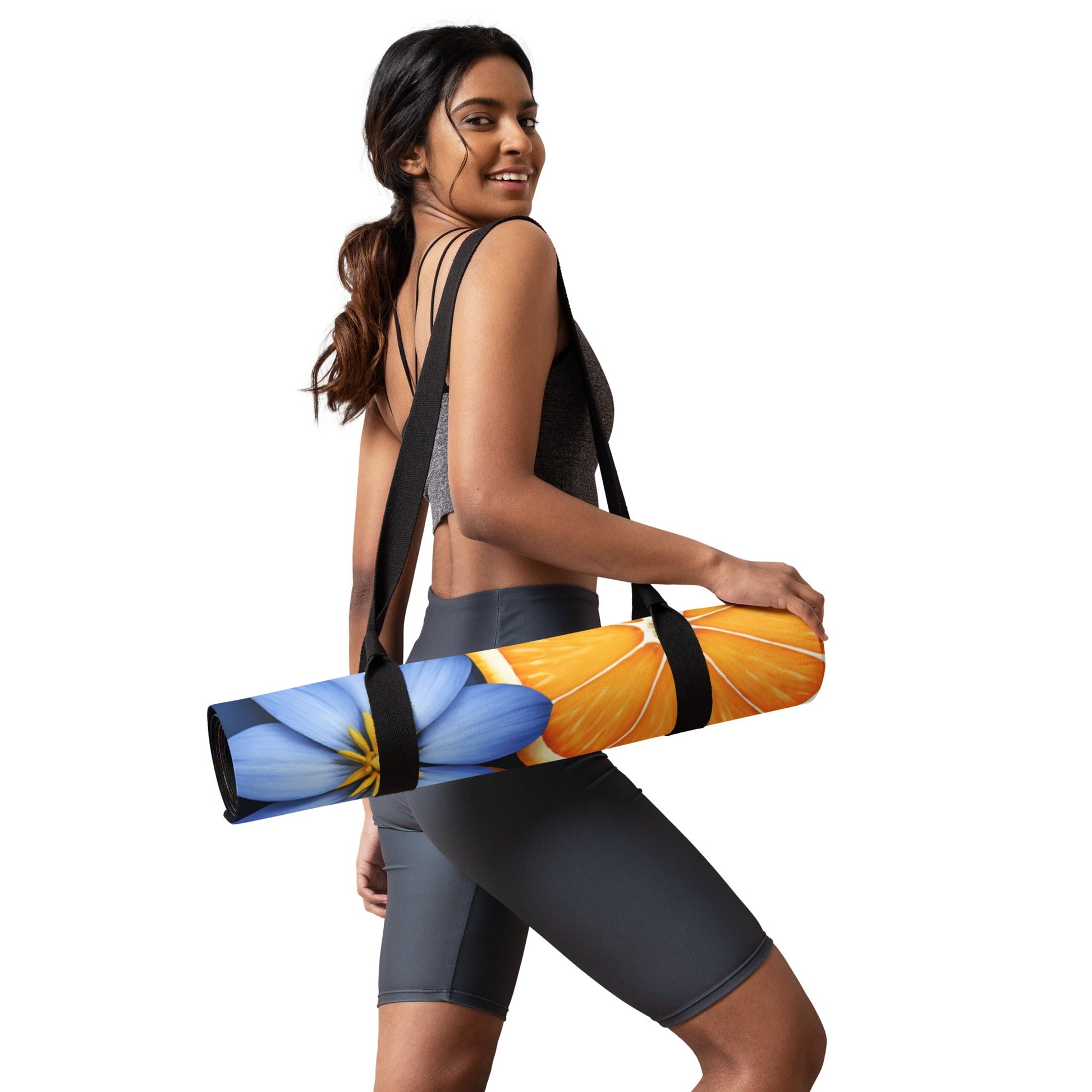 Blue Flowers And Oranges Yoga Mat - Yoga Mat - Discovery Co.