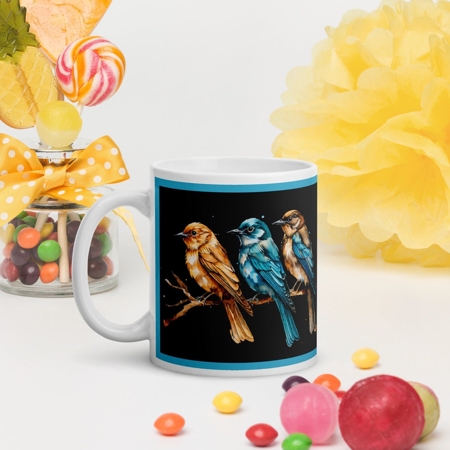Blue Outlined Watercolor Birds White Glossy Mug (11 oz, 15 oz, 20 oz) - Mugs - Discovery Co.