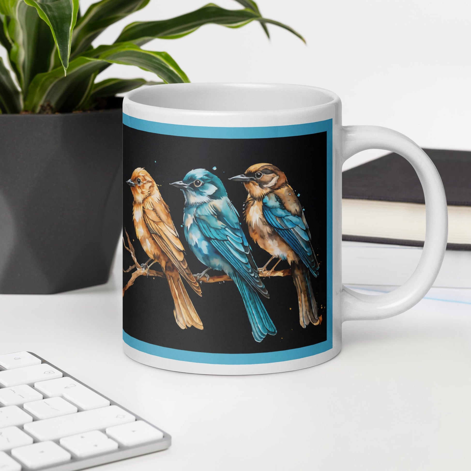 Blue Outlined Watercolor Birds White Glossy Mug (11 oz, 15 oz, 20 oz) - Mugs - Discovery Co.