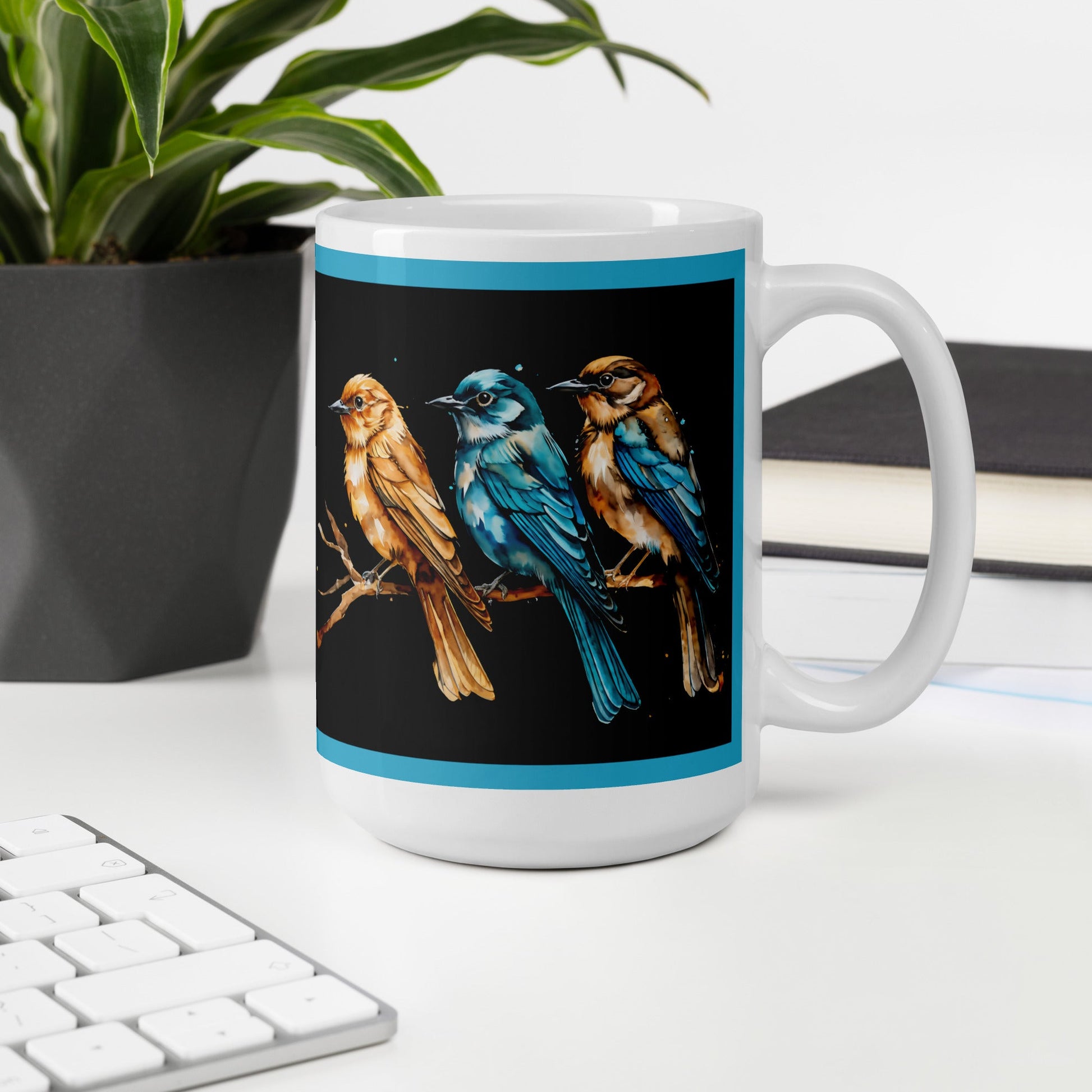 Blue Outlined Watercolor Birds White Glossy Mug (11 oz, 15 oz, 20 oz) - Mugs - Discovery Co.