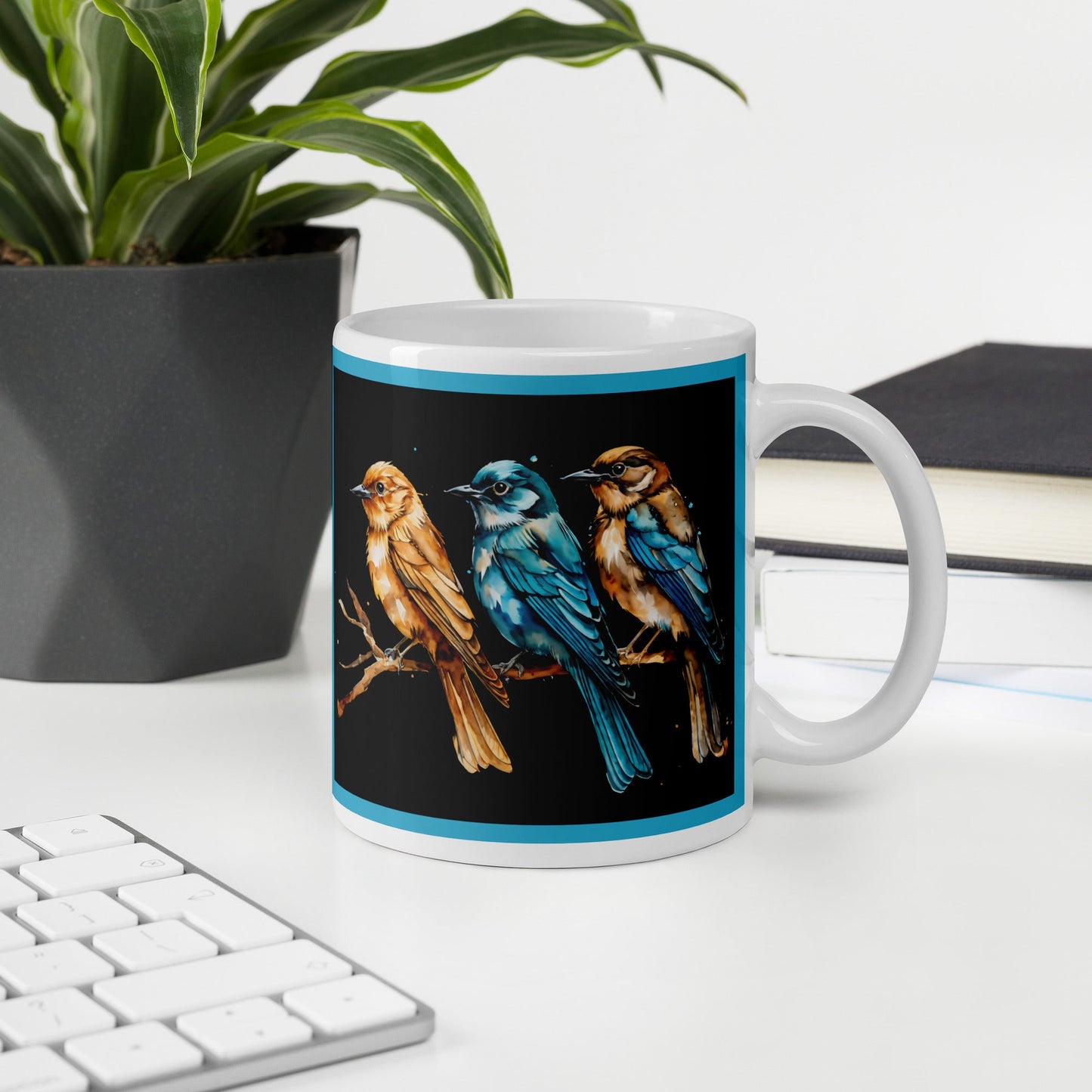 Blue Outlined Watercolor Birds White Glossy Mug (11 oz, 15 oz, 20 oz) - Mugs - Discovery Co.