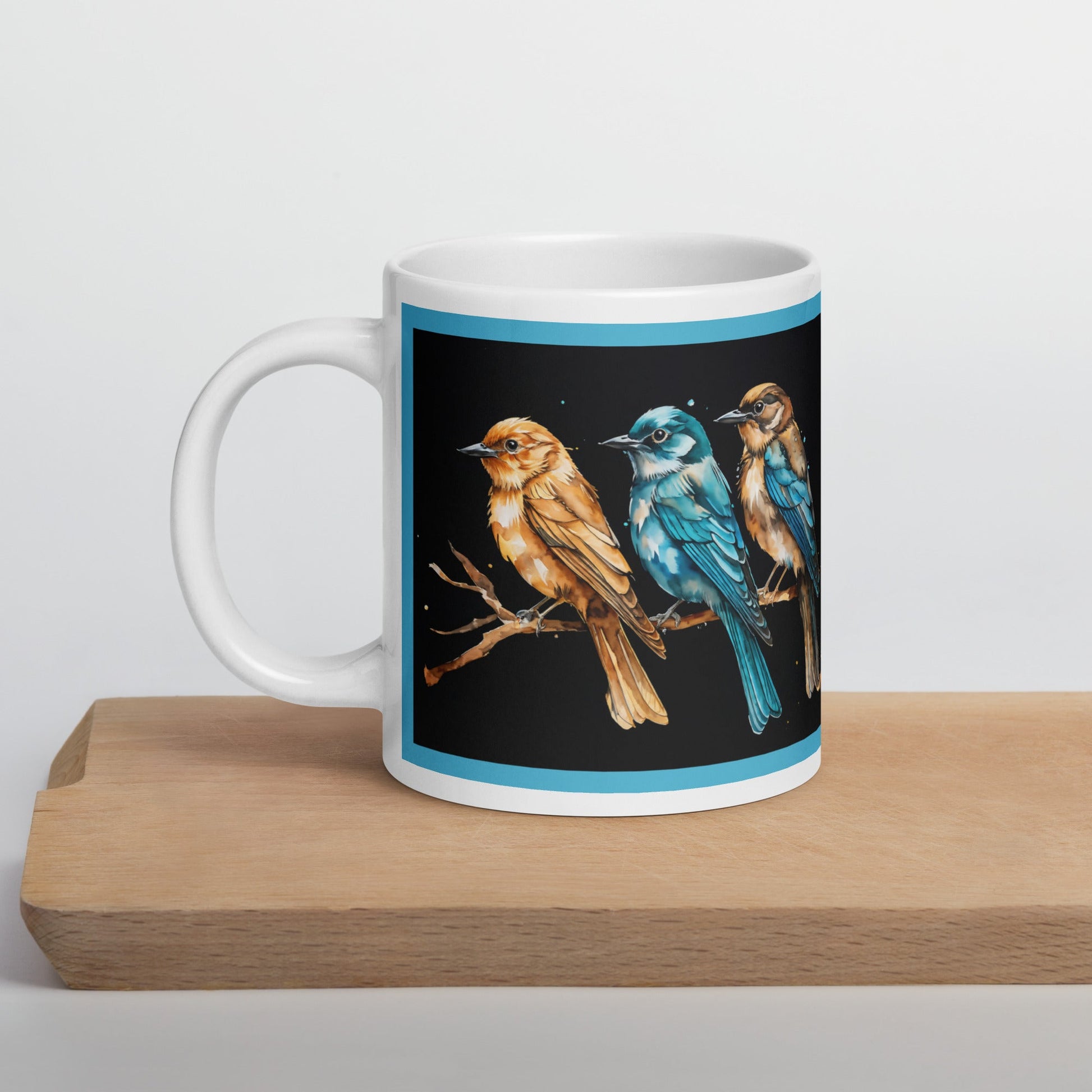 Blue Outlined Watercolor Birds White Glossy Mug (11 oz, 15 oz, 20 oz) - Mugs - Discovery Co.