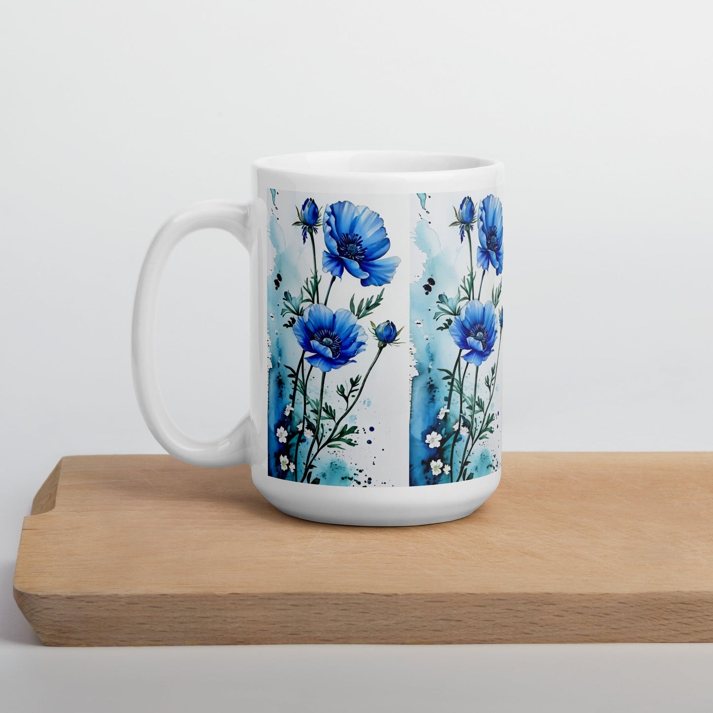 Blue Poppies White Glossy Mug (11 oz, 15 oz, 20 oz) - Mugs - Discovery Co.