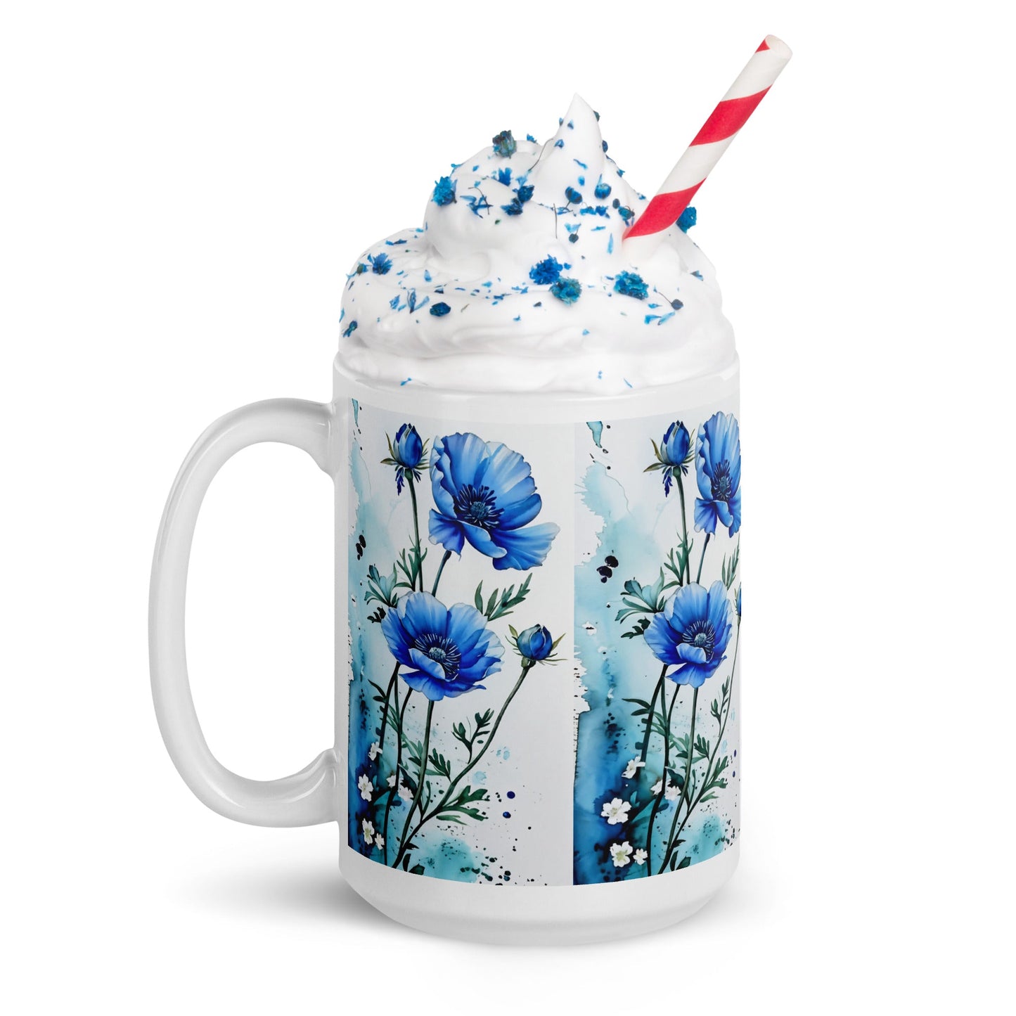 Blue Poppies White Glossy Mug (11 oz, 15 oz, 20 oz) - Mugs - Discovery Co.