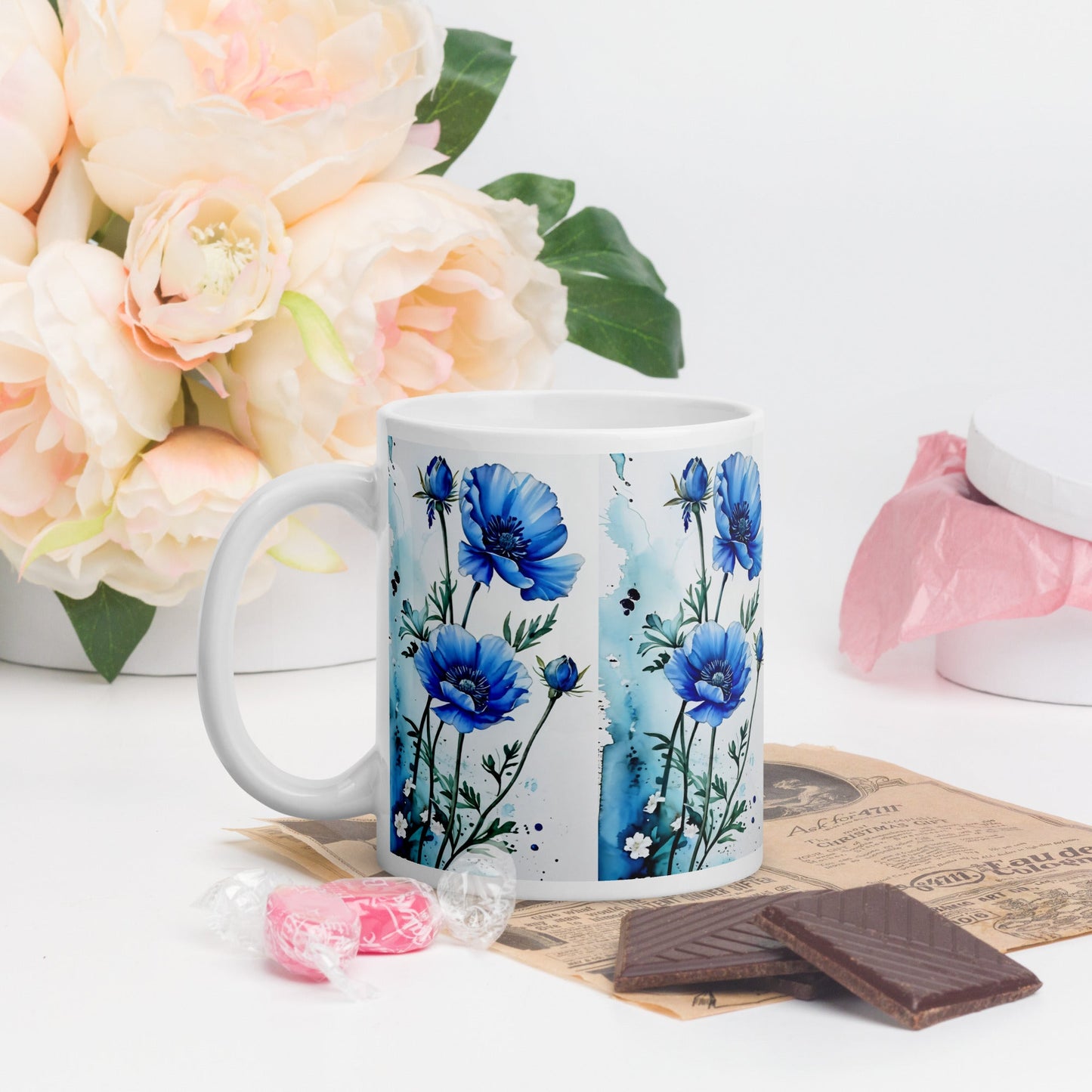 Blue Poppies White Glossy Mug (11 oz, 15 oz, 20 oz) - Mugs - Discovery Co.