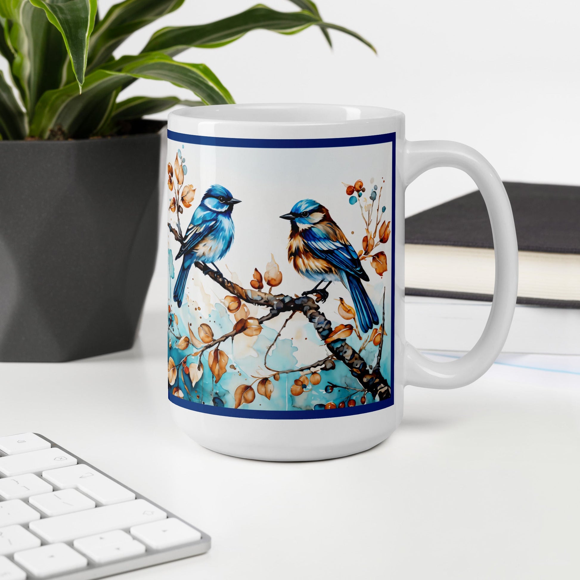 Blue Watercolor Birds White Glossy Mug (11 oz, 15 oz, 20 oz) - Mugs - Discovery Co.