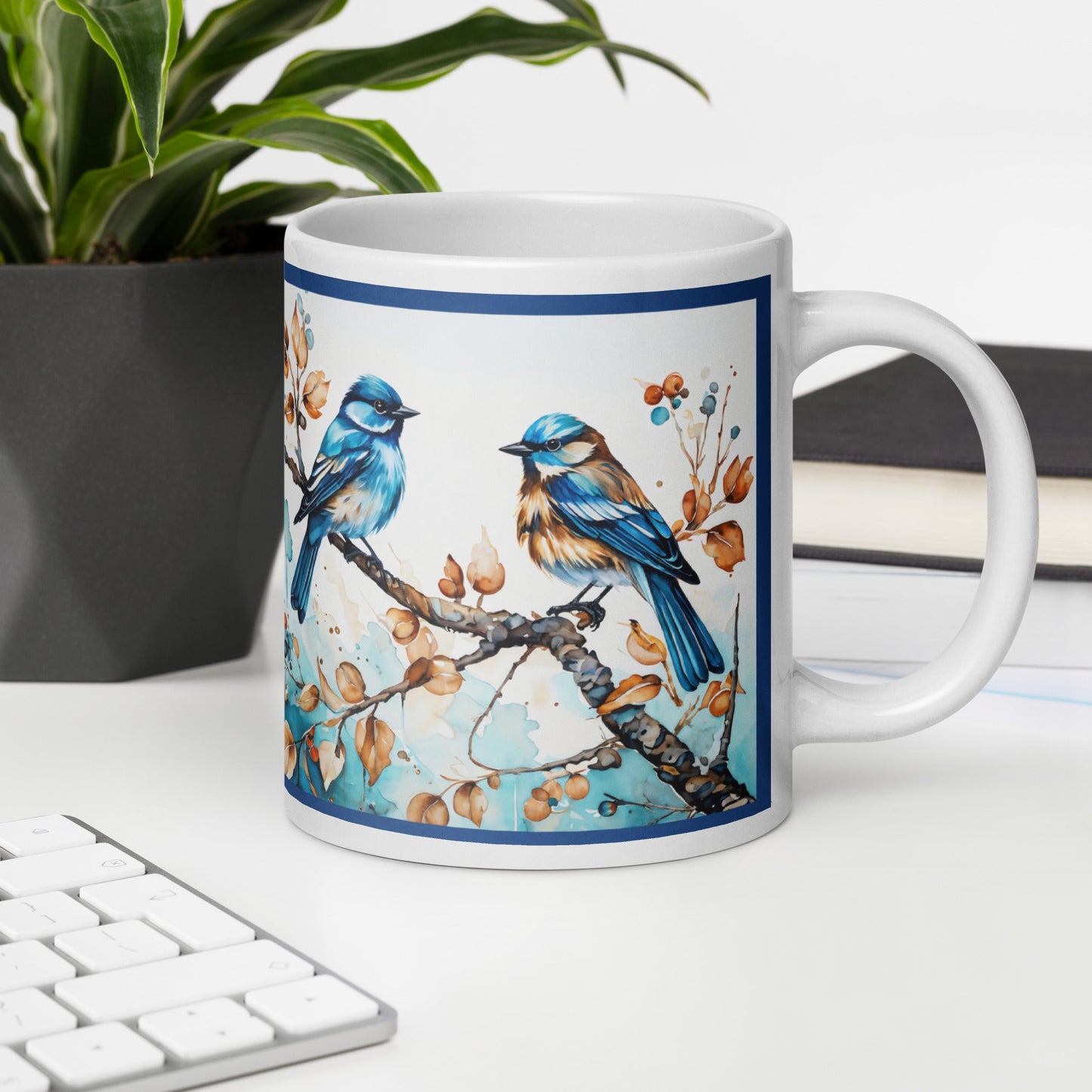 Blue Watercolor Birds White Glossy Mug (11 oz, 15 oz, 20 oz) - Mugs - Discovery Co.
