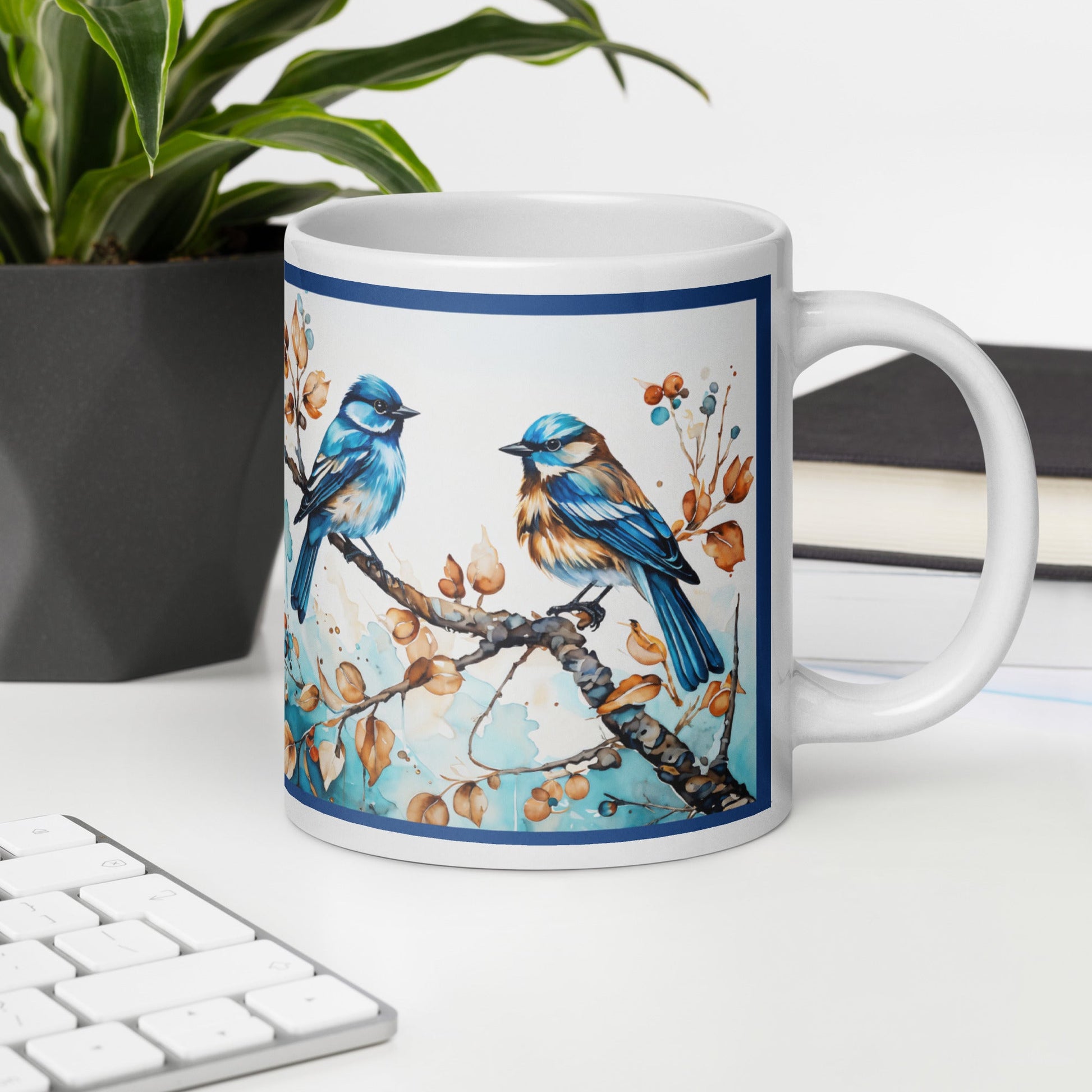 Blue Watercolor Birds White Glossy Mug (11 oz, 15 oz, 20 oz) - Mugs - Discovery Co.