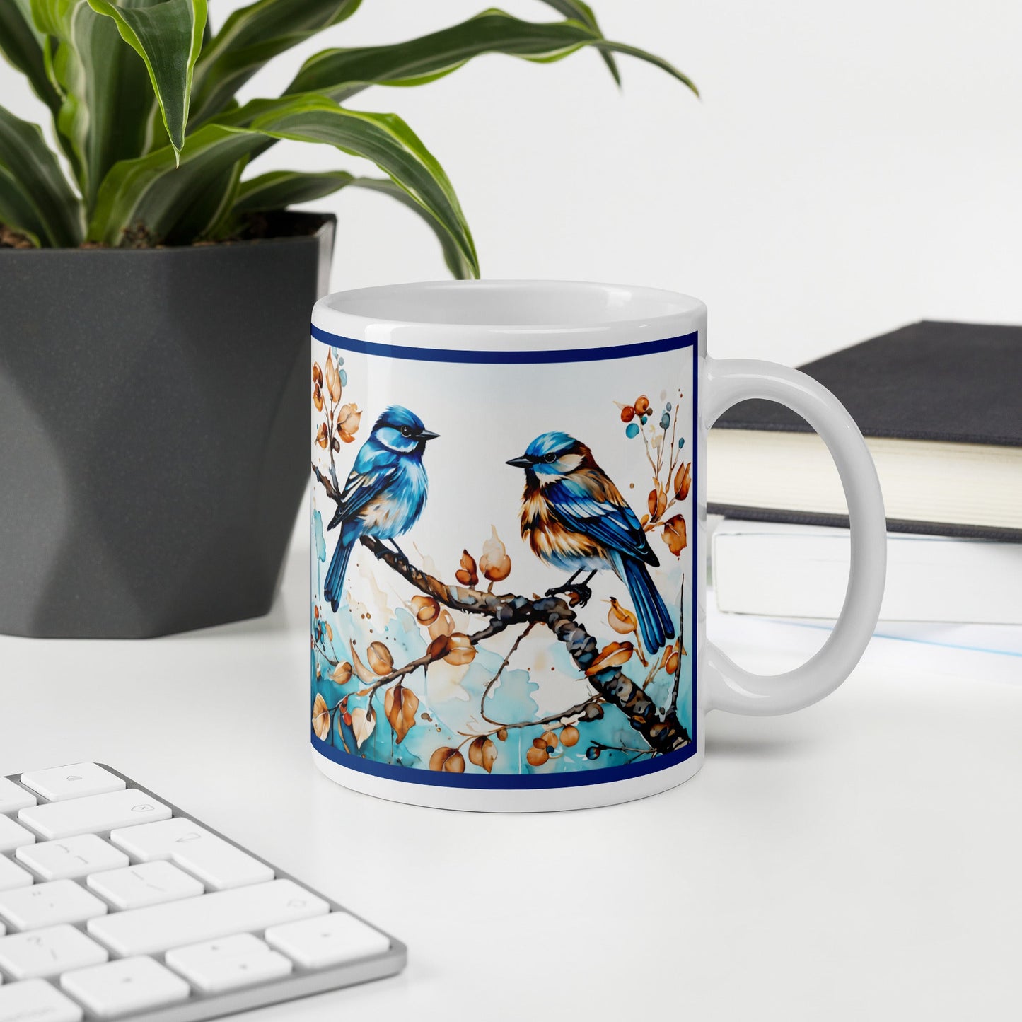 Blue Watercolor Birds White Glossy Mug (11 oz, 15 oz, 20 oz) - Mugs - Discovery Co.