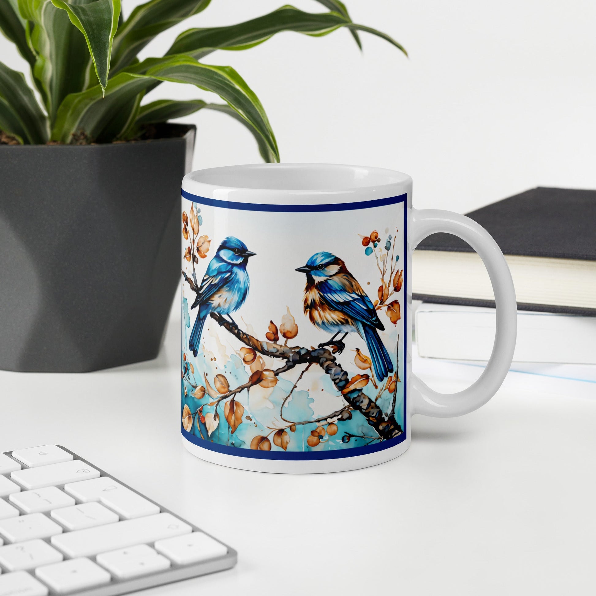 Blue Watercolor Birds White Glossy Mug (11 oz, 15 oz, 20 oz) - Mugs - Discovery Co.