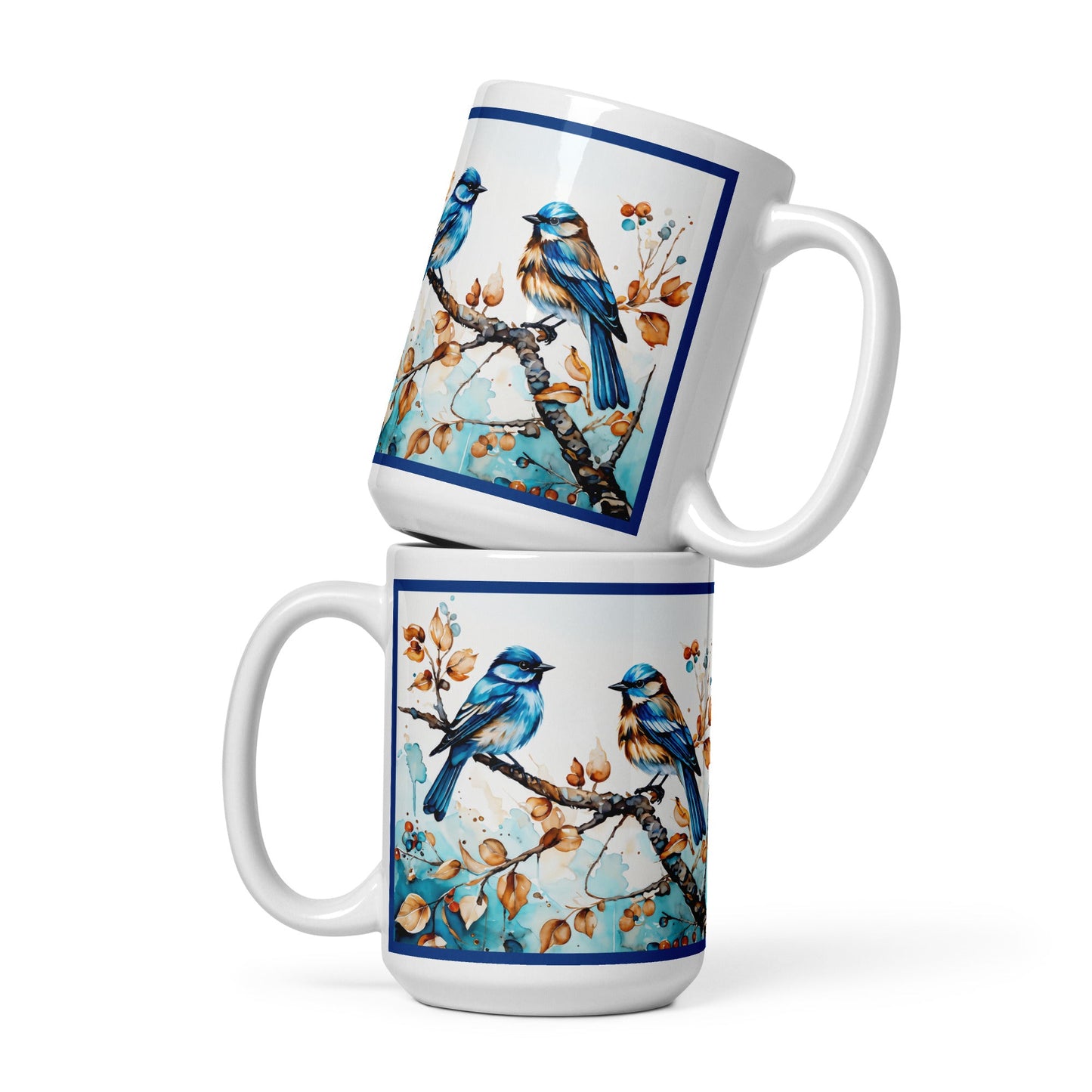 Blue Watercolor Birds White Glossy Mug (11 oz, 15 oz, 20 oz) - Mugs - Discovery Co.