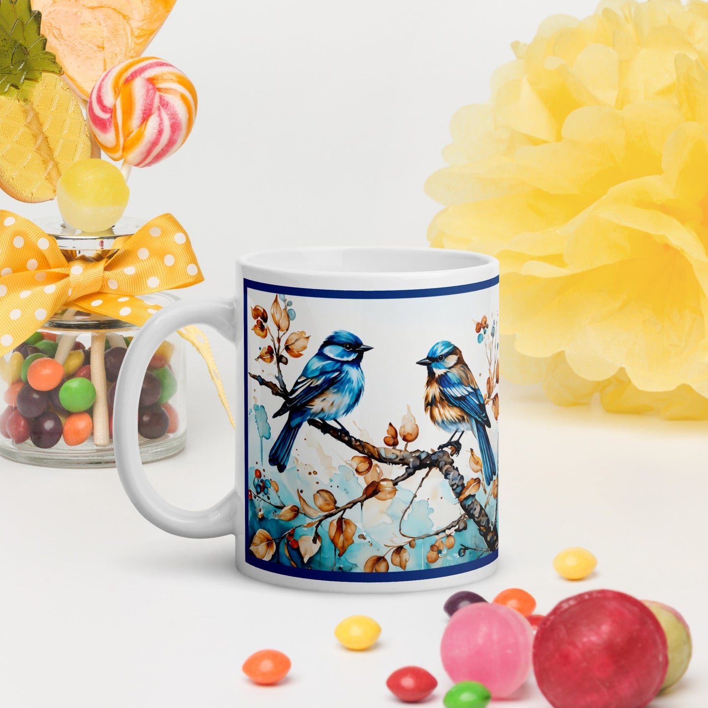 Blue Watercolor Birds White Glossy Mug (11 oz, 15 oz, 20 oz) - Mugs - Discovery Co.