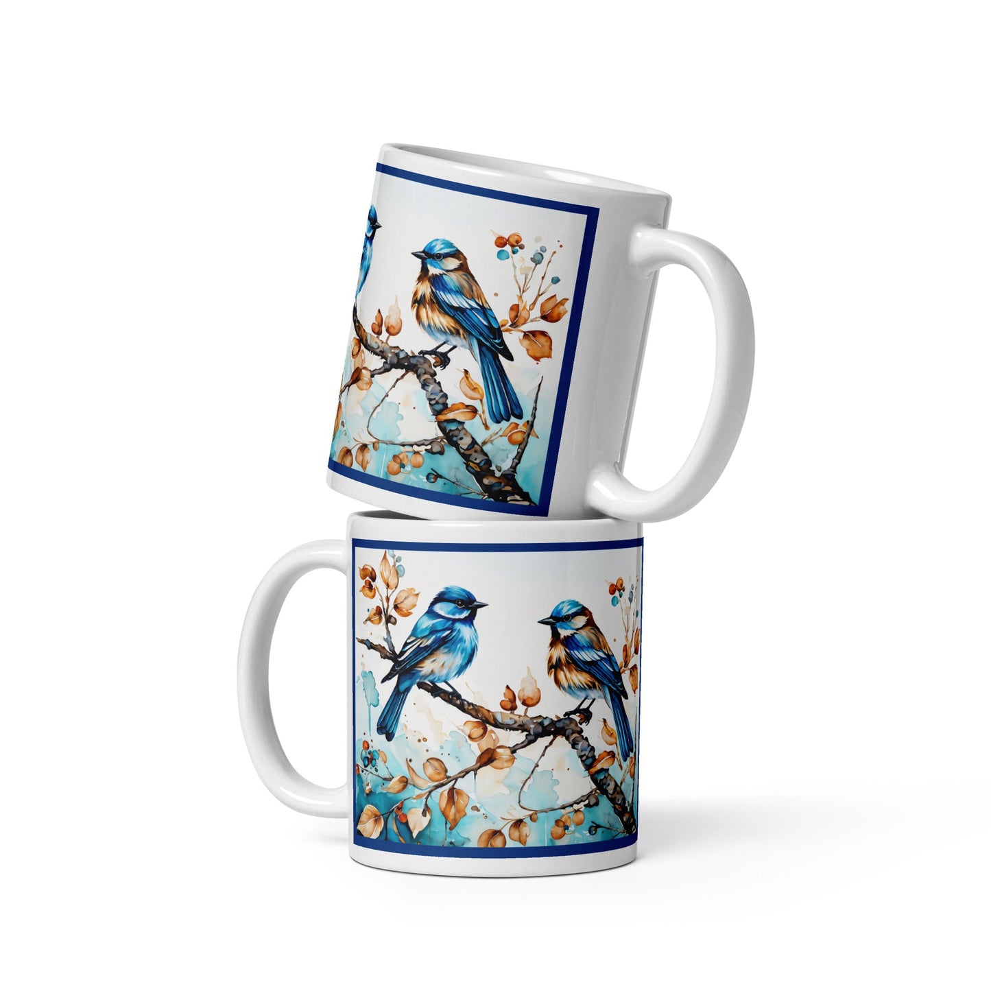 Blue Watercolor Birds White Glossy Mug (11 oz, 15 oz, 20 oz) - Mugs - Discovery Co.