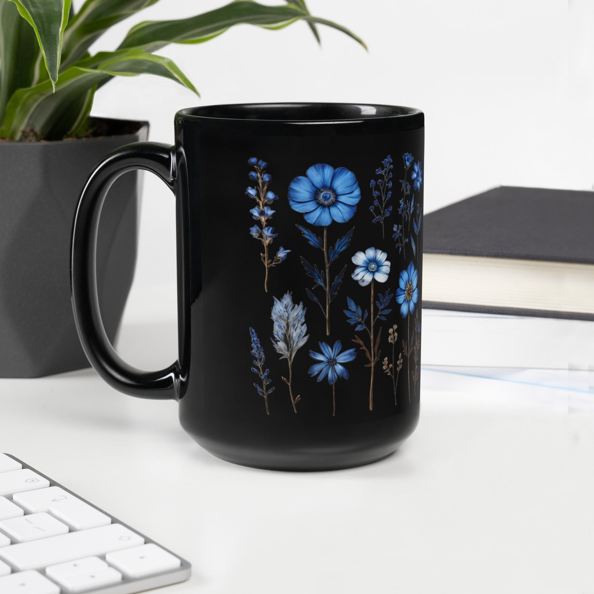 Blue Wildflowers Black Glossy Mug (11 oz, 15 oz) - Mugs - Discovery Co.