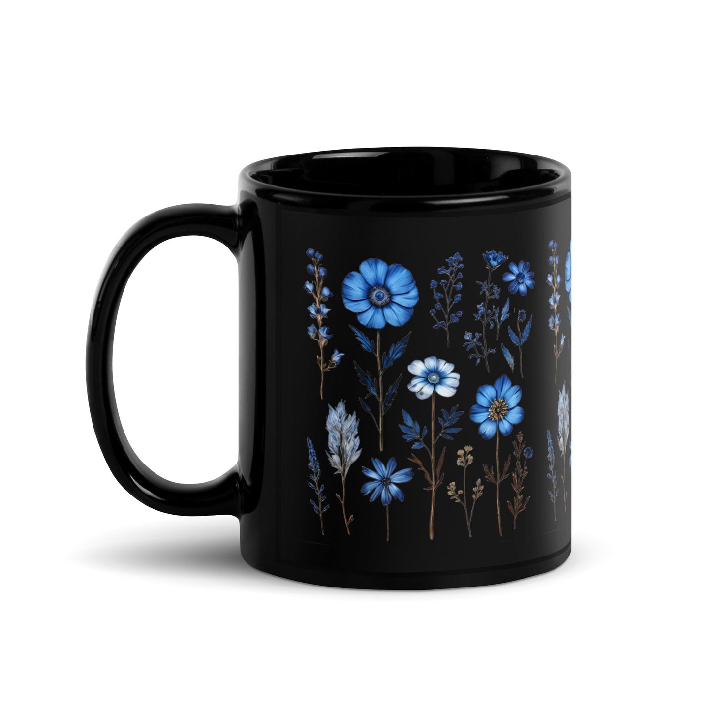 Blue Wildflowers Black Glossy Mug (11 oz) - Mugs - Discovery Co.