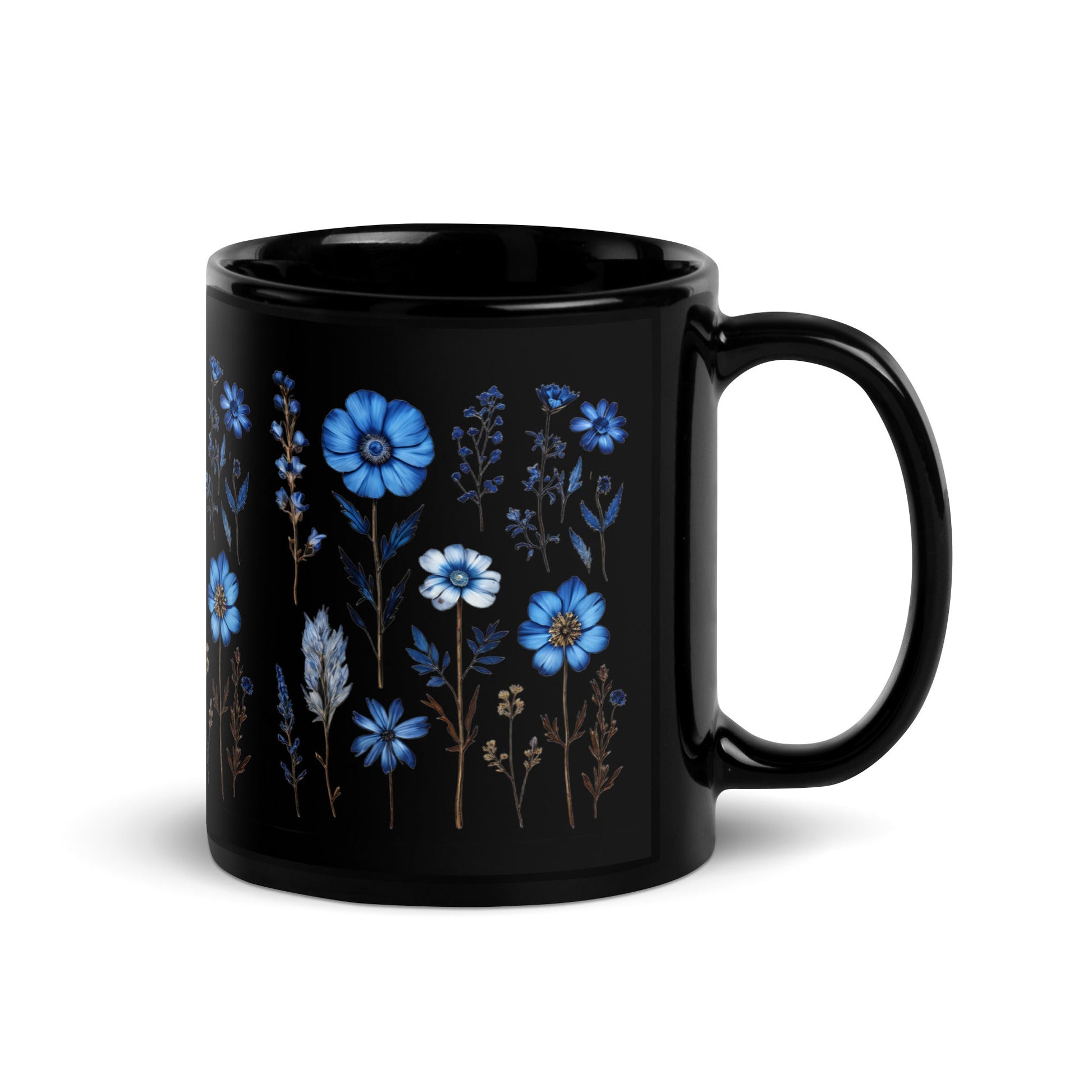 Blue Wildflowers Black Glossy Mug (11 oz) - Mugs - Discovery Co.