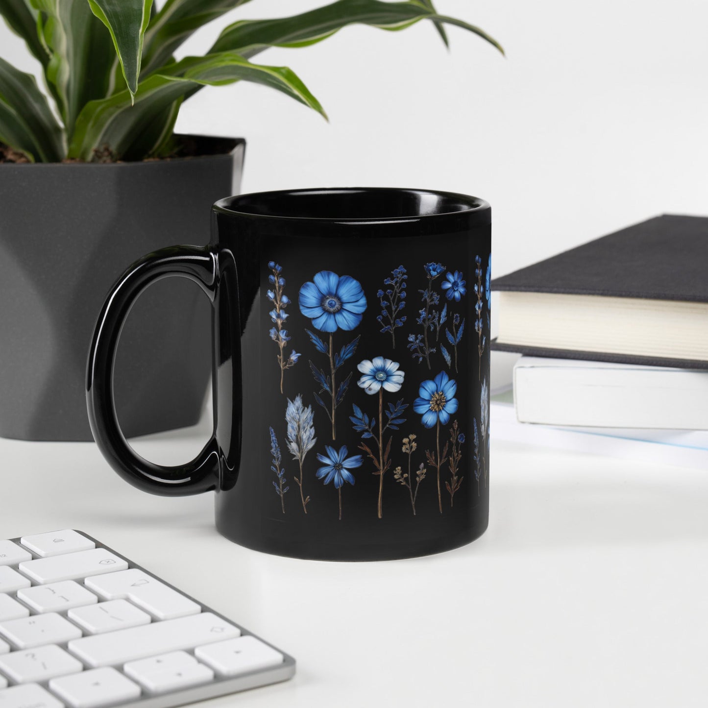 Blue Wildflowers Black Glossy Mug (11 oz) - Mugs - Discovery Co.