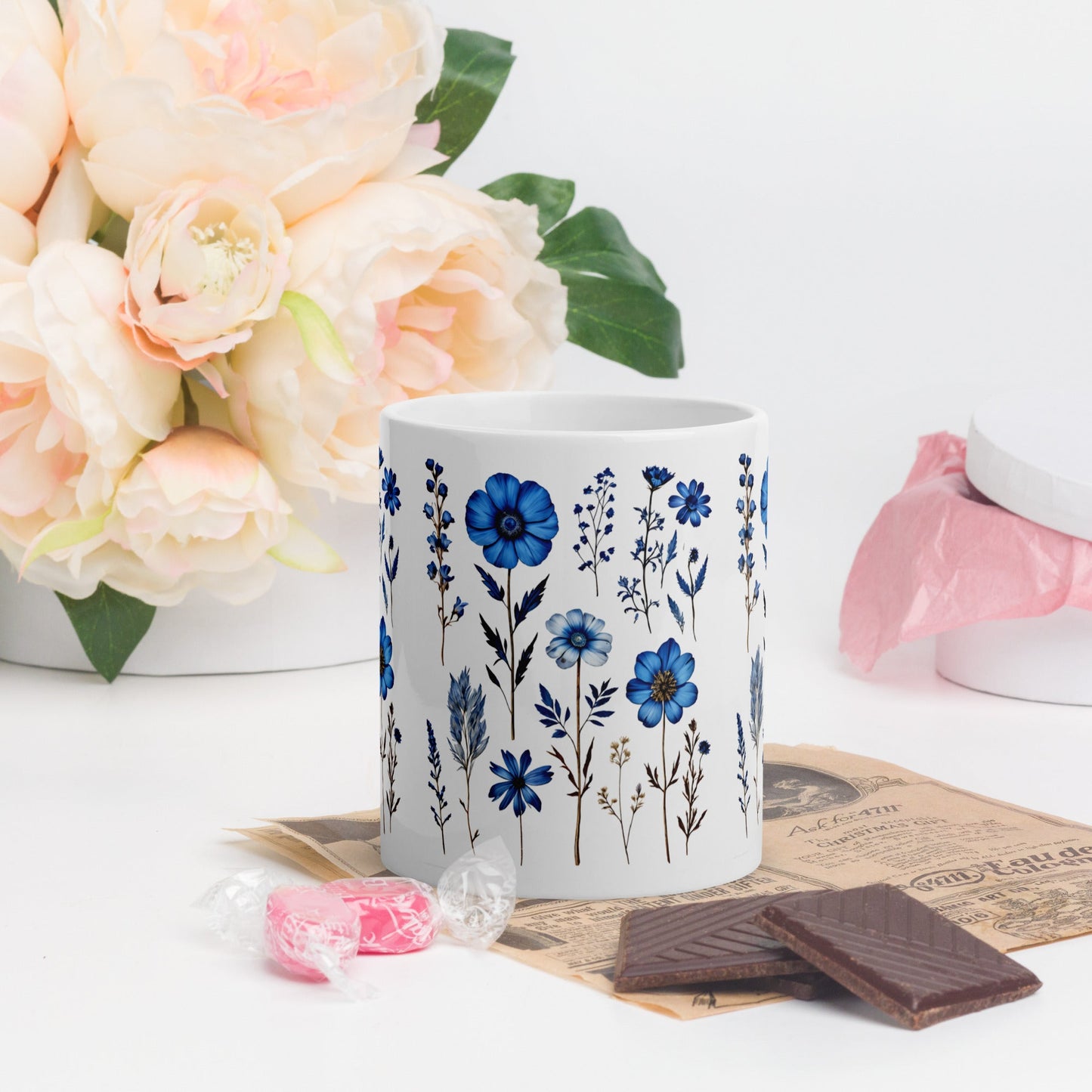 Blue Wildflowers White Glossy Mug (11 oz, 15 oz, 20 oz) - Mugs - Discovery Co.