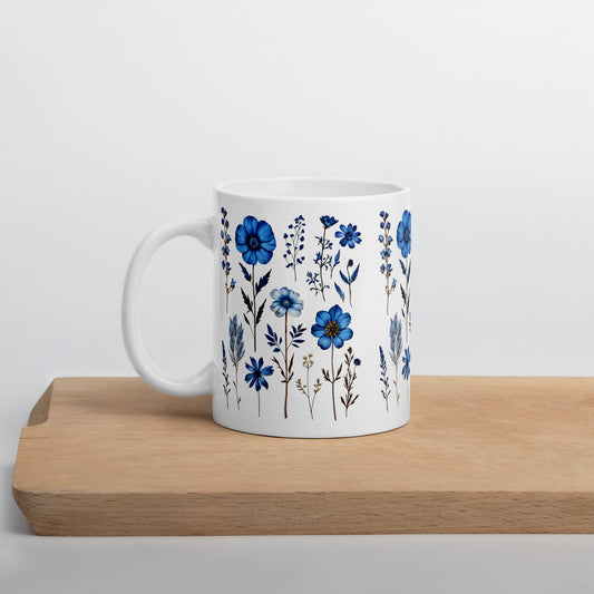 Blue Wildflowers White Glossy Mug (11 oz, 15 oz, 20 oz) - Mugs - Discovery Co.