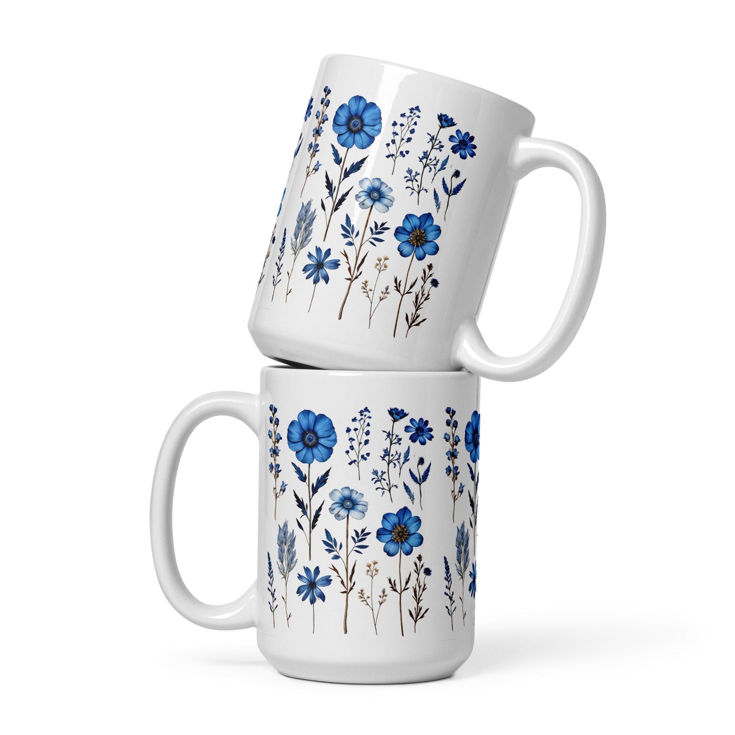 Blue Wildflowers White Glossy Mug (11 oz, 15 oz, 20 oz) - Mugs - Discovery Co.