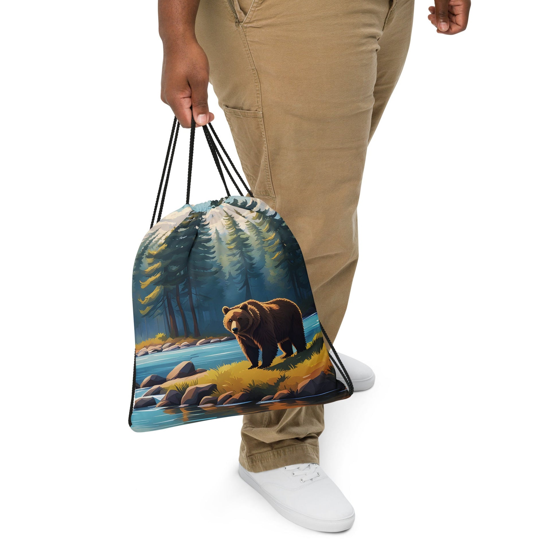 Brown Bear Near River Drawstring Bag - Drawstring Bag - Discovery Co.