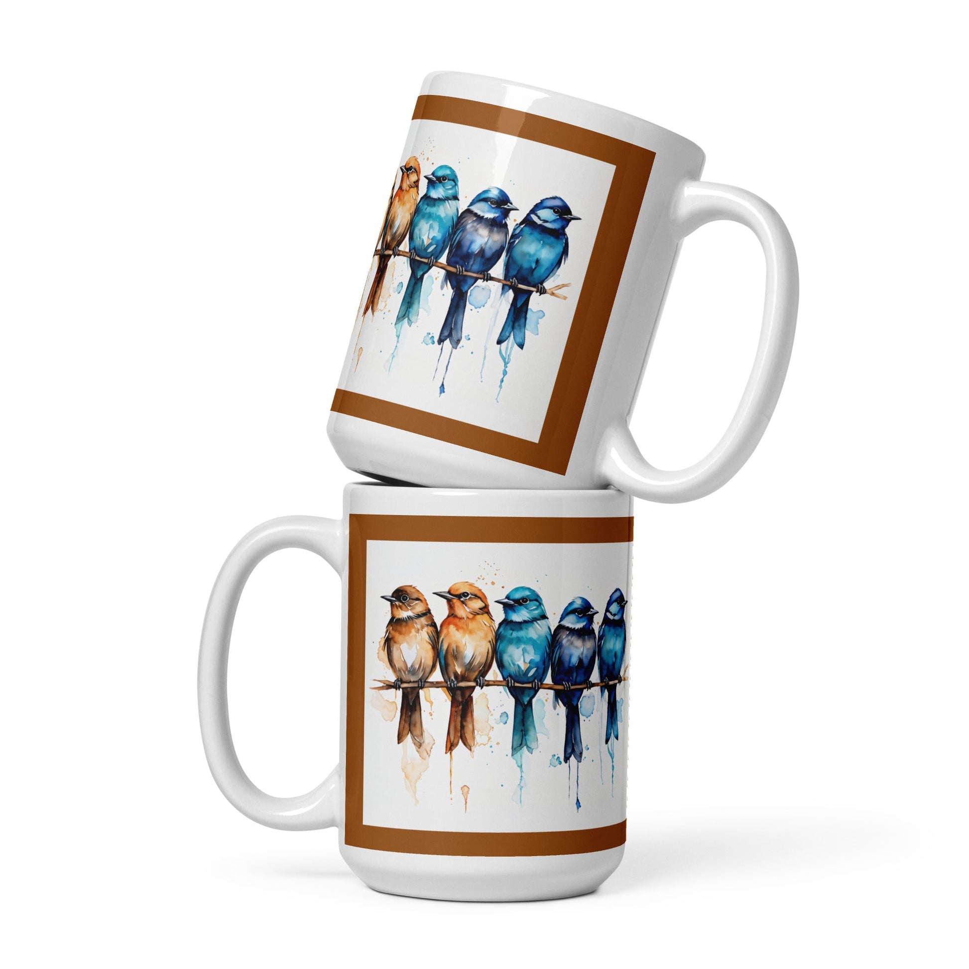 Brown Outlined Watercolor Birds White Glossy Mug (11 oz, 15 oz, 20 oz) - Mugs - Discovery Co.