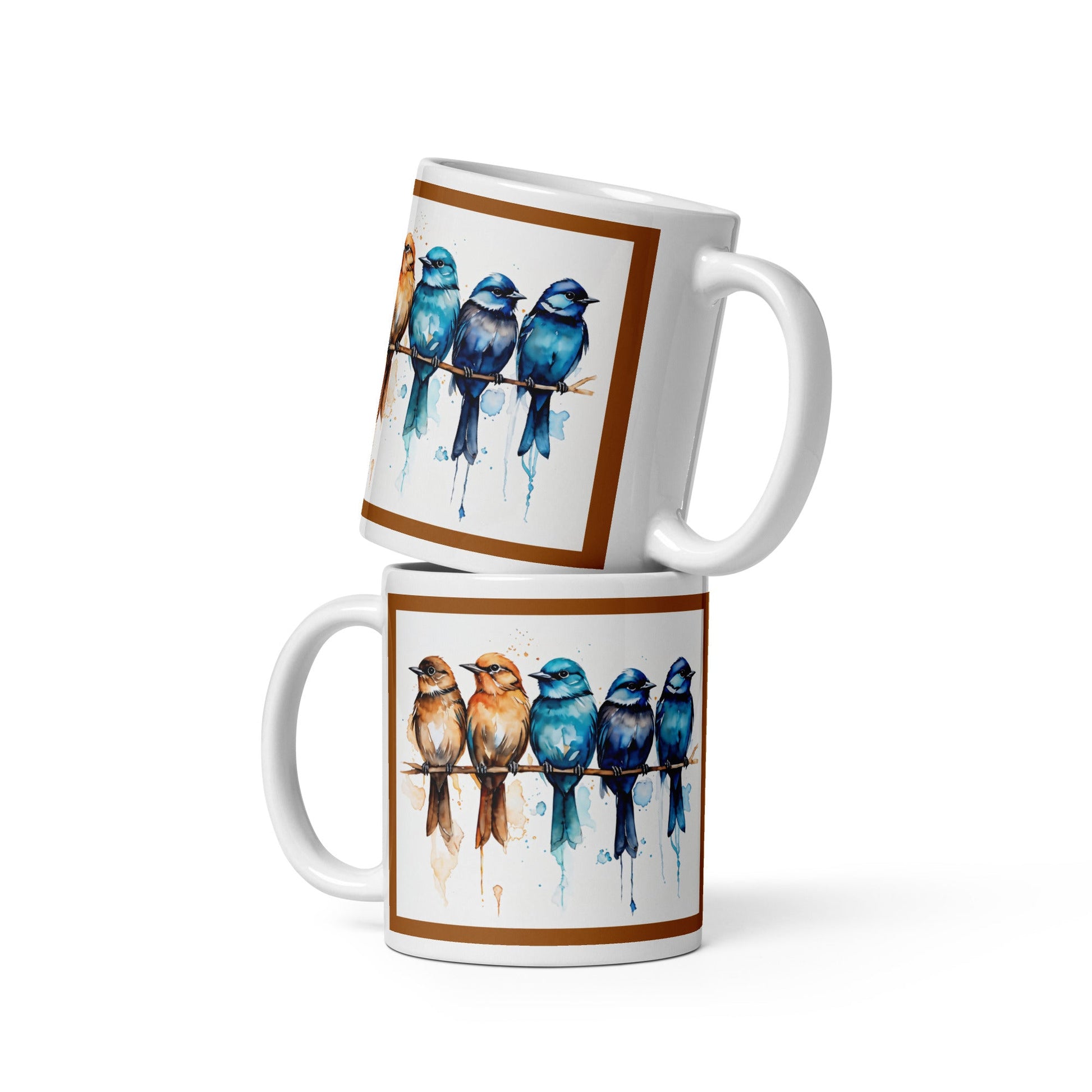 Brown Outlined Watercolor Birds White Glossy Mug (11 oz, 15 oz, 20 oz) - Mugs - Discovery Co.