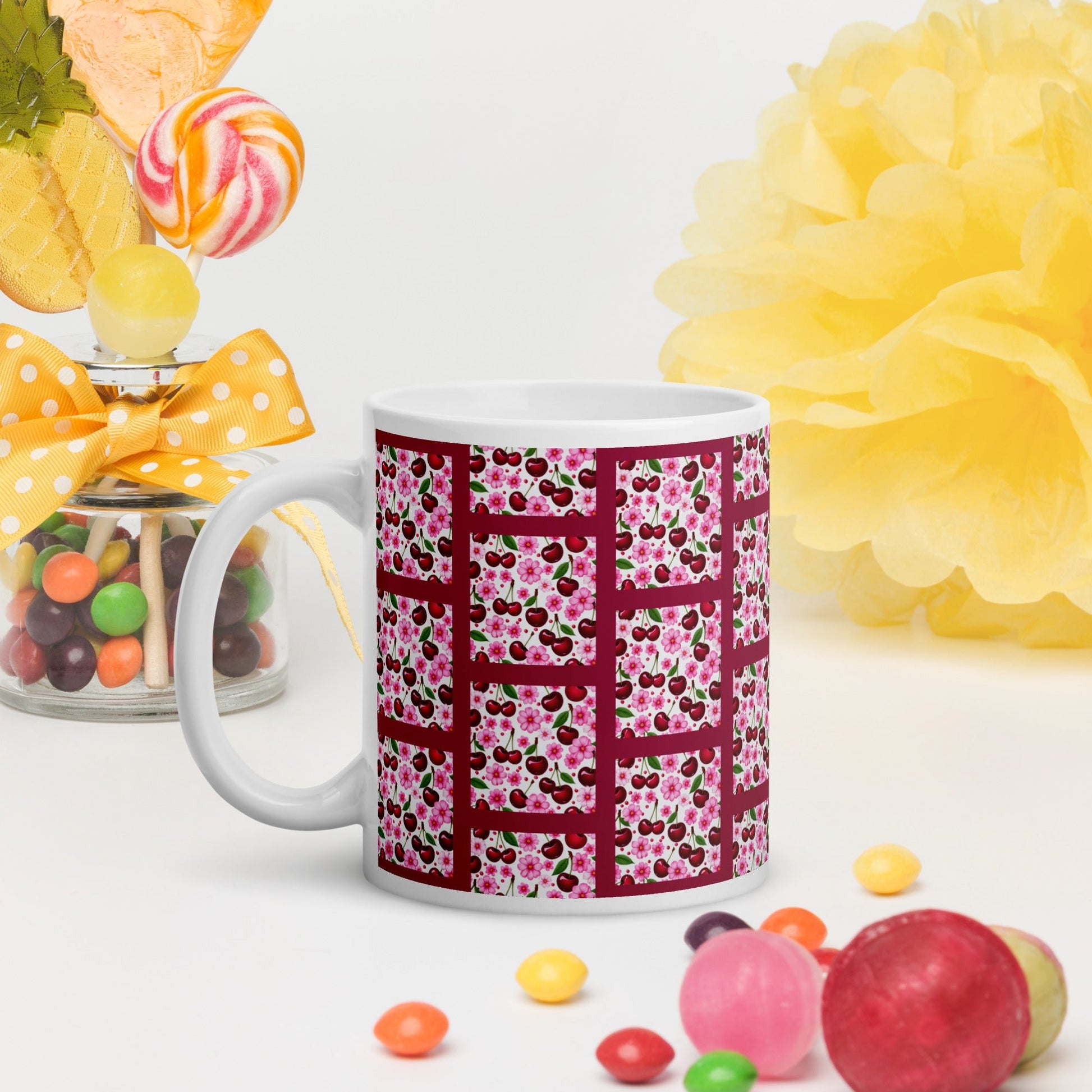 Cherries and Flowers Tile White Glossy Mug (11 oz, 15 oz, 20 oz) - Mugs - Discovery Co.