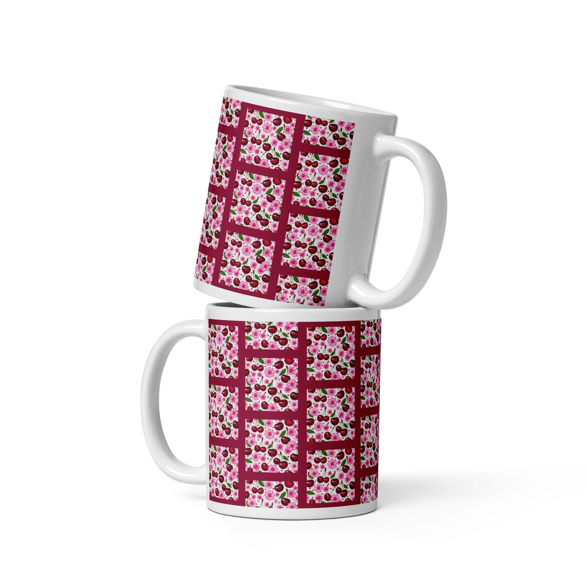 Cherries and Flowers Tile White Glossy Mug (11 oz, 15 oz, 20 oz) - Mugs - Discovery Co.