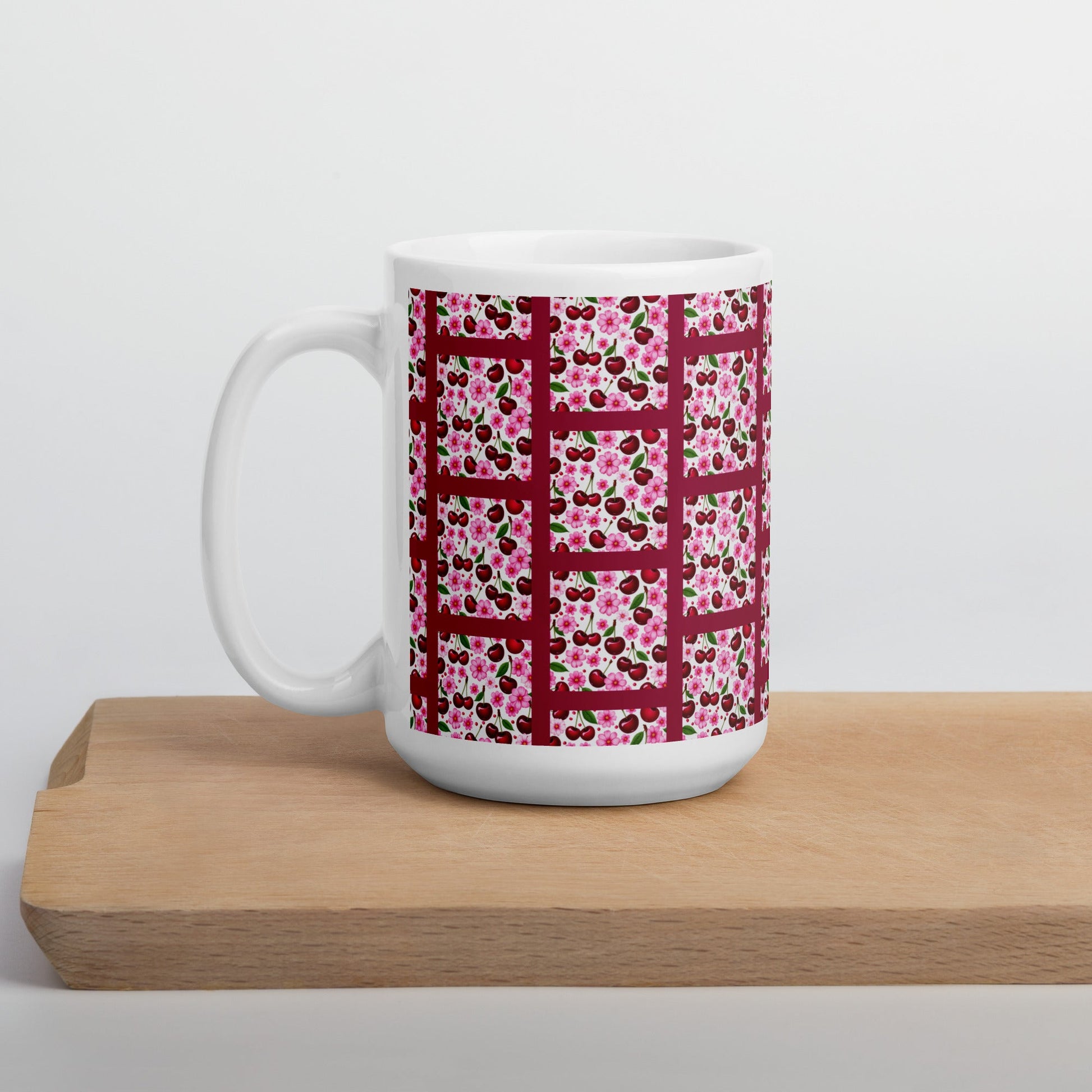 Cherries and Flowers Tile White Glossy Mug (11 oz, 15 oz, 20 oz) - Mugs - Discovery Co.