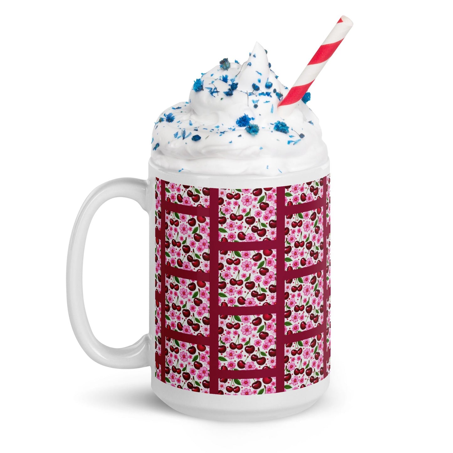 Cherries and Flowers Tile White Glossy Mug (11 oz, 15 oz, 20 oz) - Mugs - Discovery Co.
