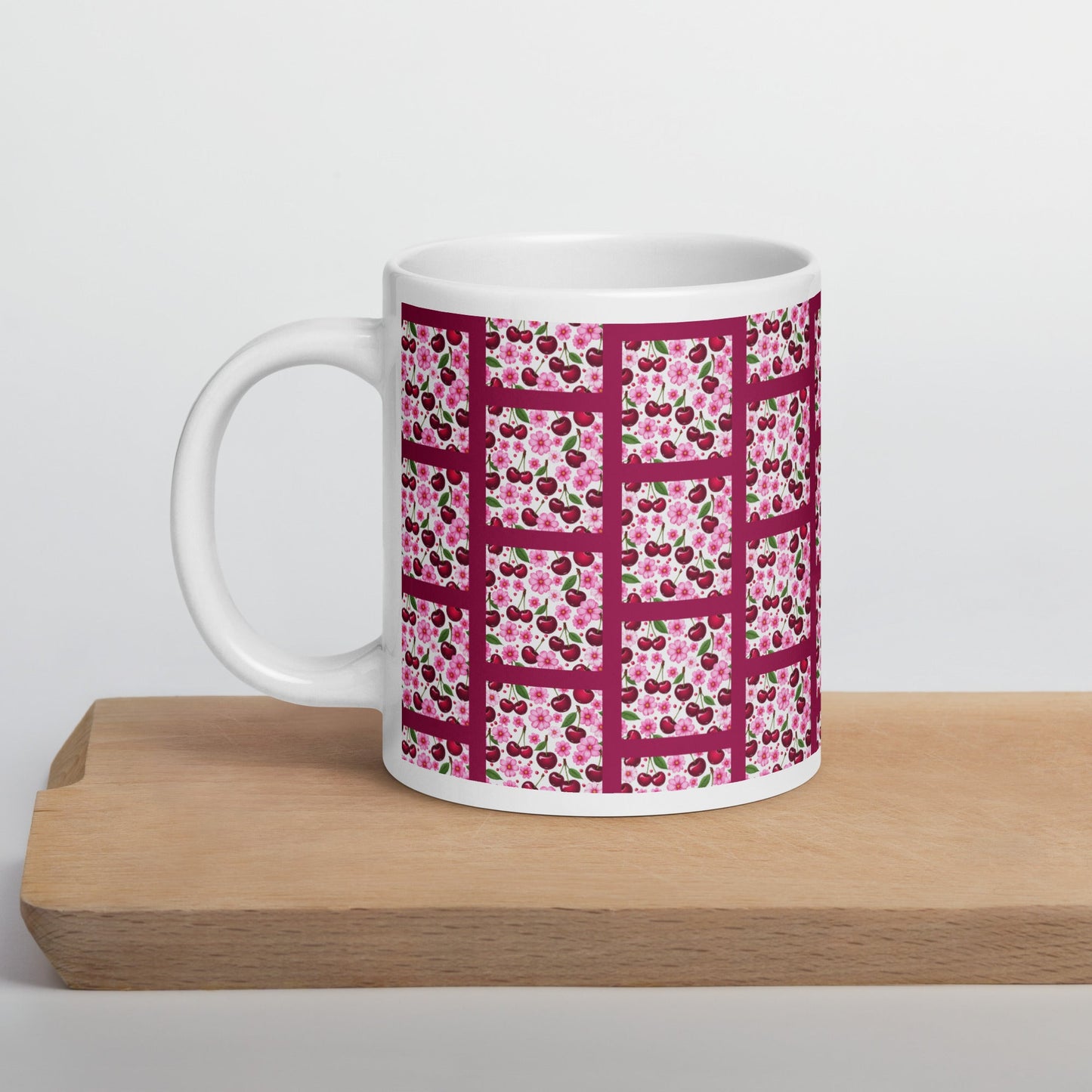 Cherries and Flowers Tile White Glossy Mug (11 oz, 15 oz, 20 oz) - Mugs - Discovery Co.