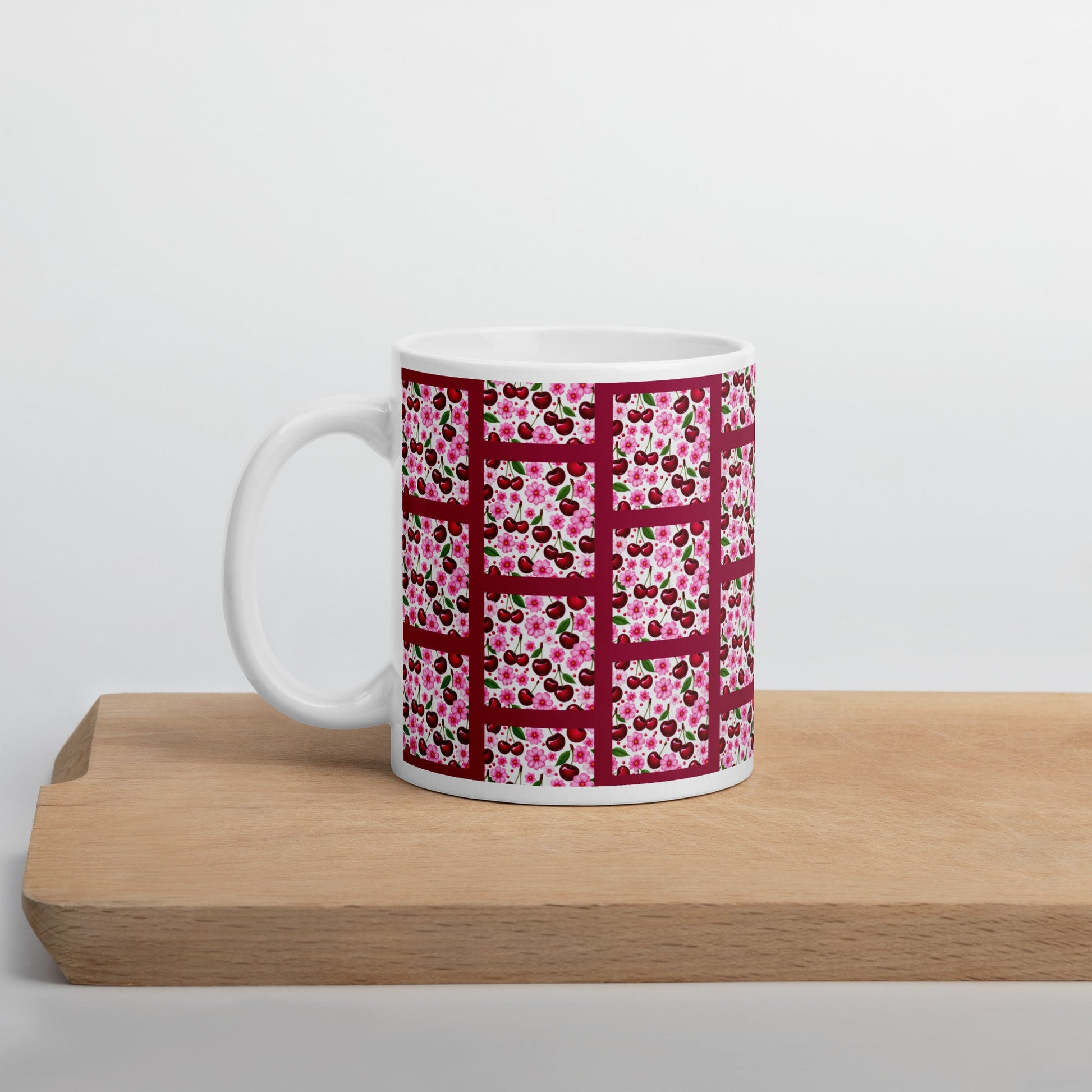 Cherries and Flowers Tile White Glossy Mug (11 oz, 15 oz, 20 oz) - Mugs - Discovery Co.